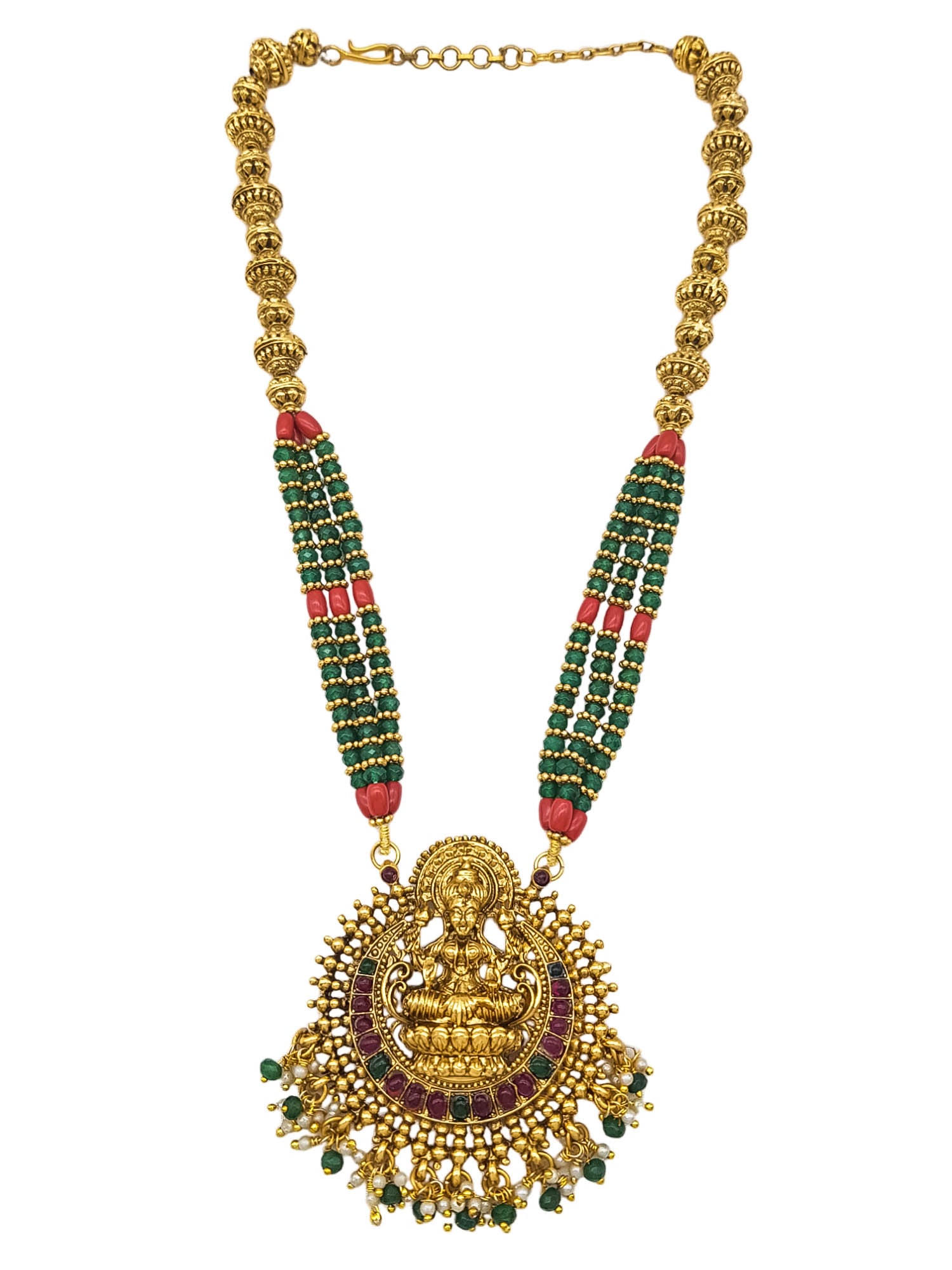 Premium Gold Plated Long Necklace Set in green Red coral & crystal natural stones