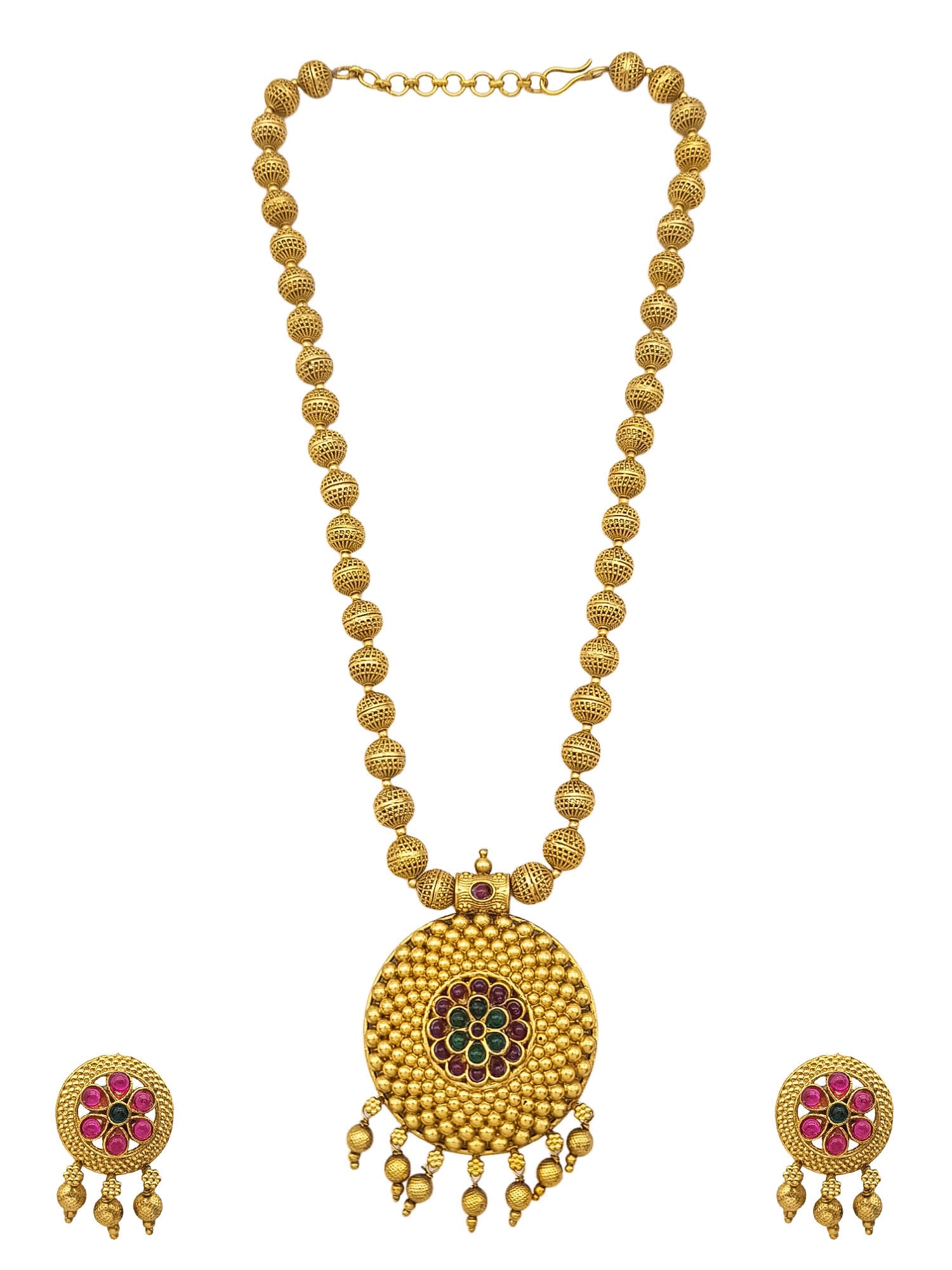 Gold Plated In Coral Beads Long Necklace Set