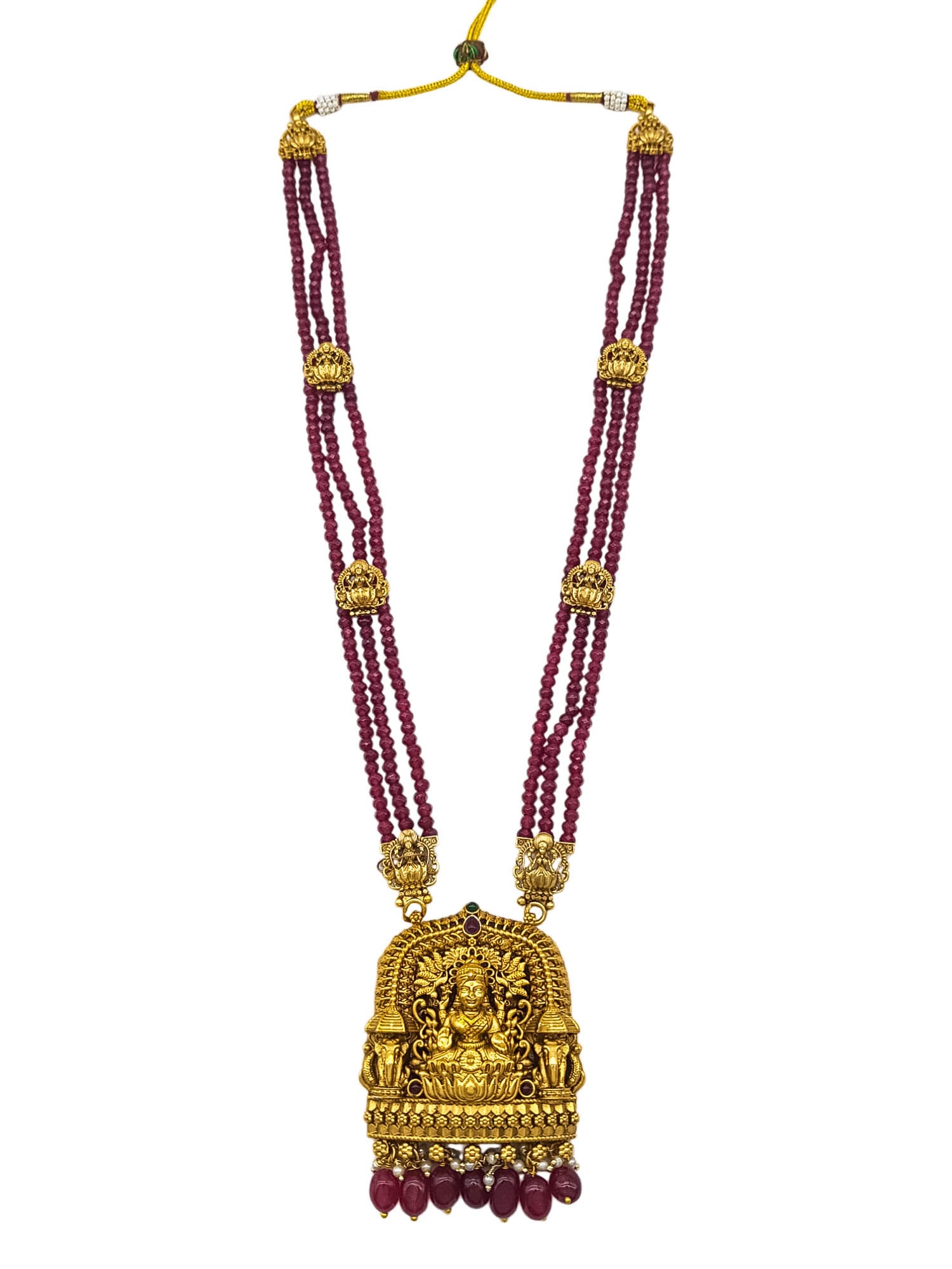 Premium Gold Plated Long Necklace Set in Maroon crystal natural stones