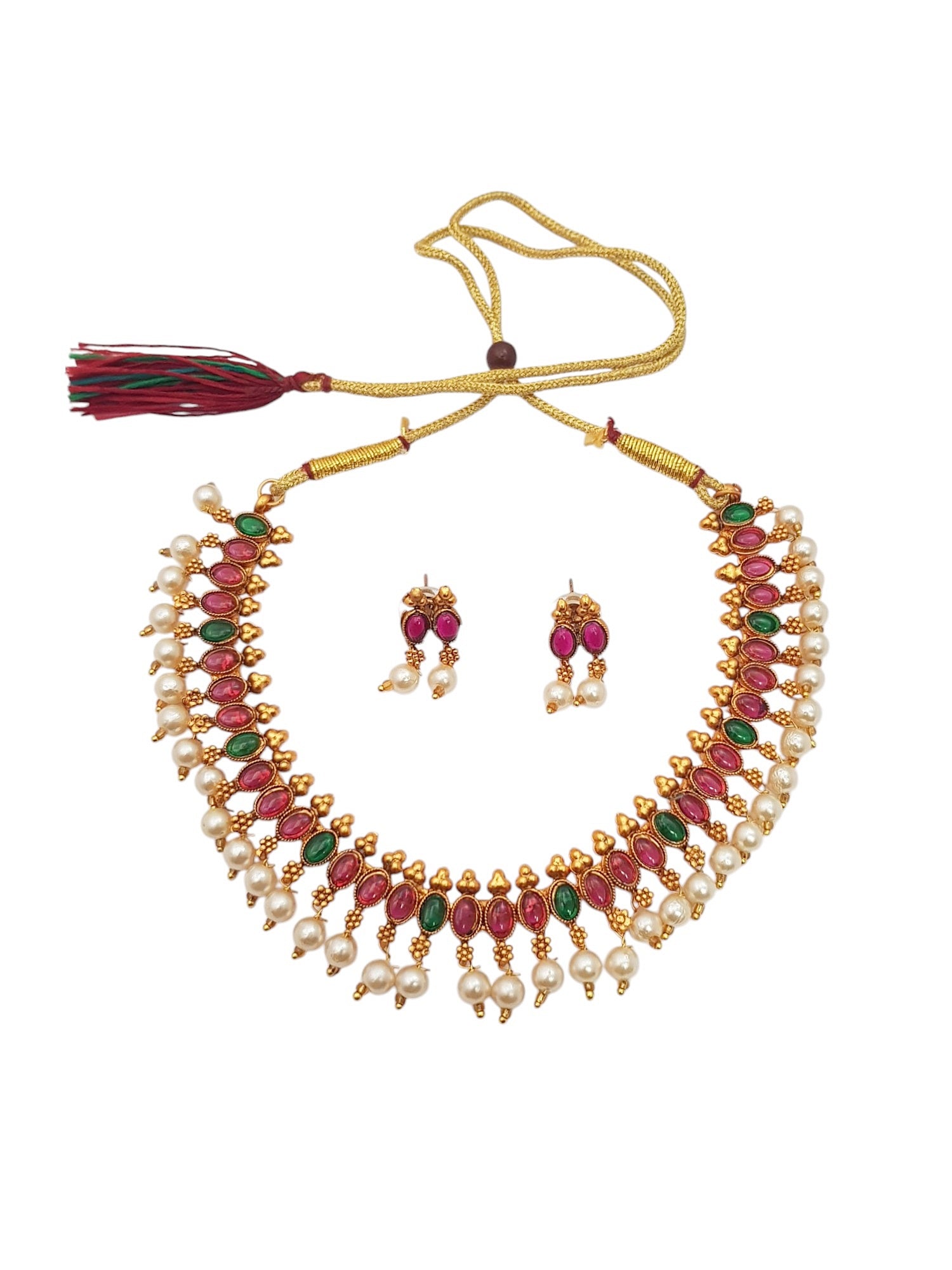 Gold Plated Elegant Necklace Set with Green and Multi Colour