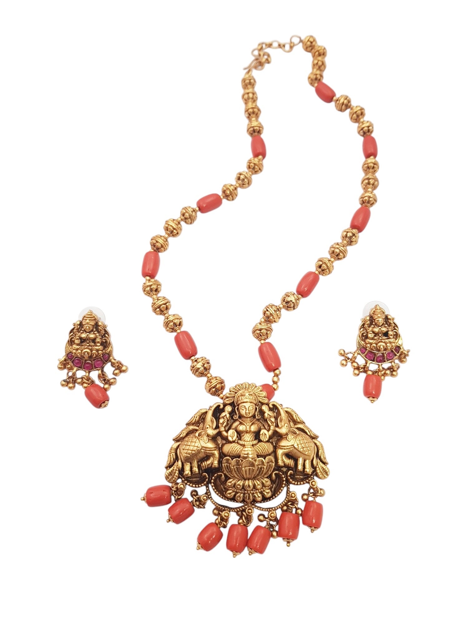 Gold Plated Long Necklace Set in coral