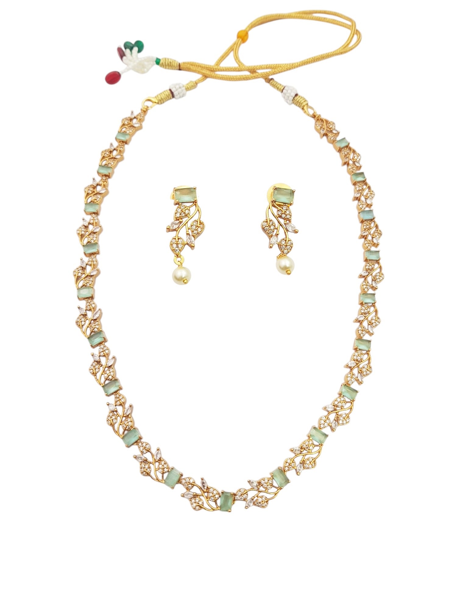 Gold Plated Leaf Motif Coloured stones Necklace Set