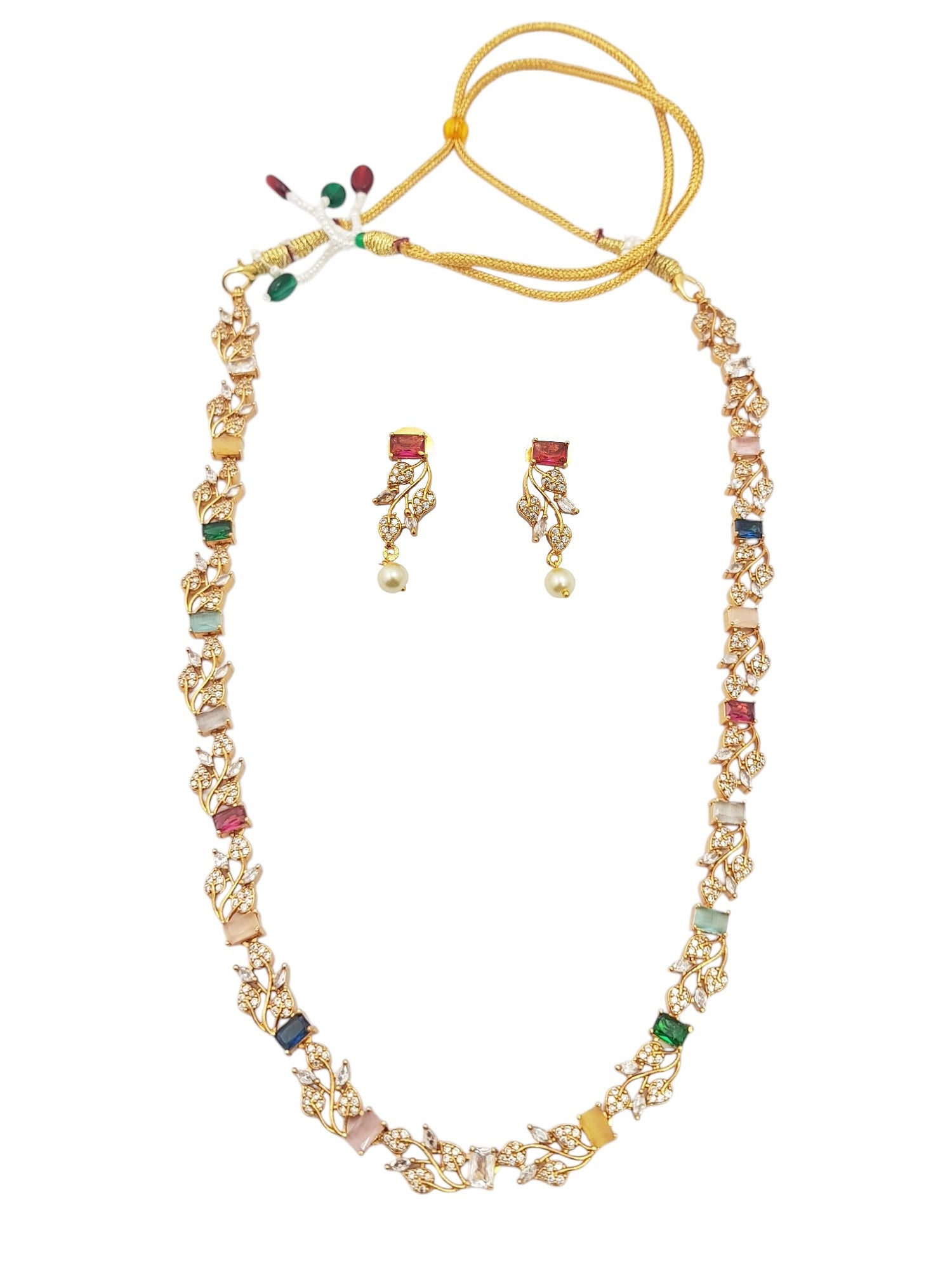 Gold Plated Leaf Motif Coloured stones Necklace Set