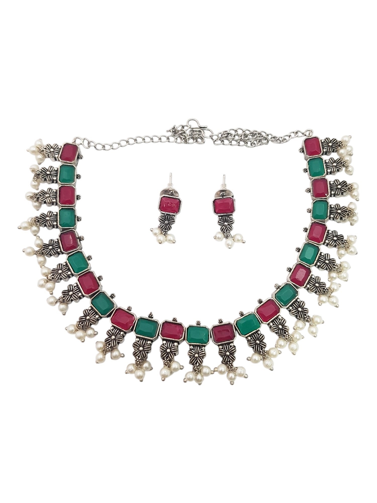 German silver Oxidised Navaratna Necklace Set