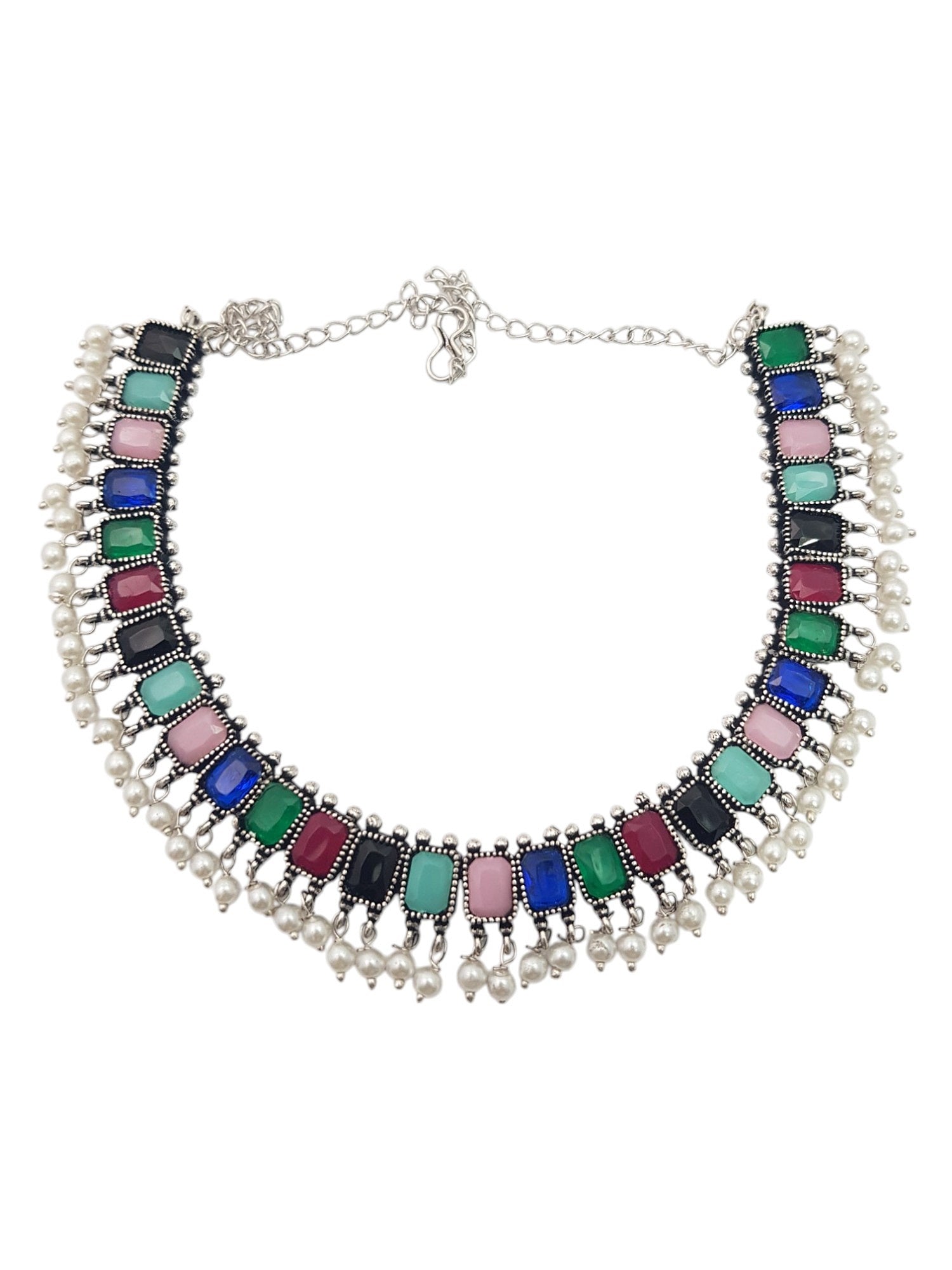 German Silver Plated oxidised Multicolor Necklace set