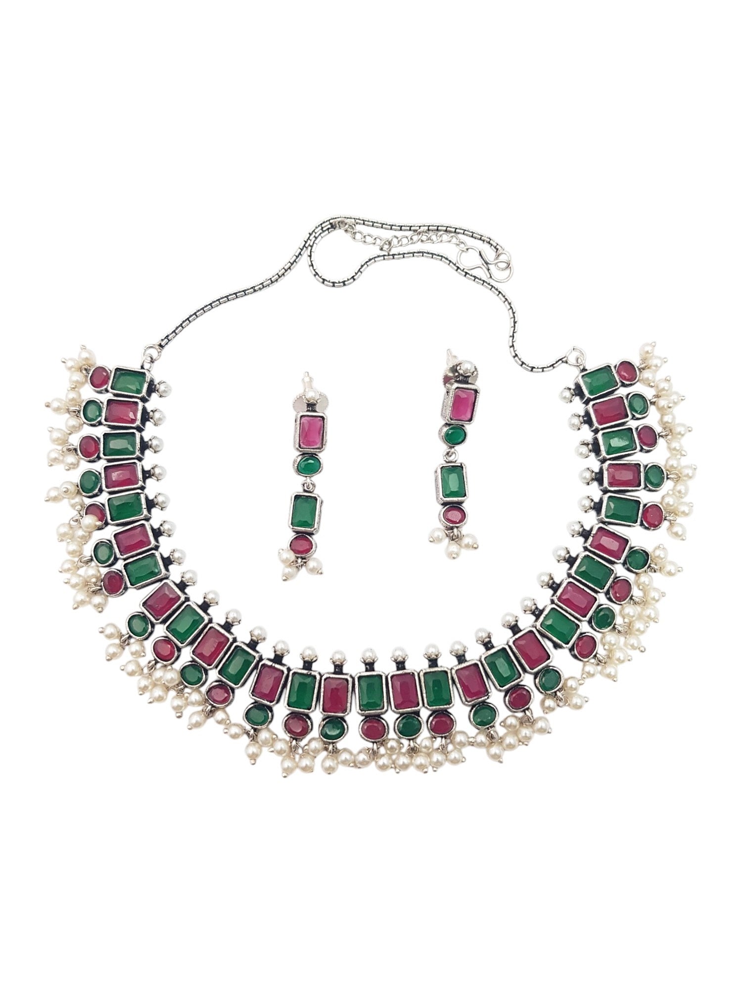 German Silver Plated oxidised multicolor stone Necklace set