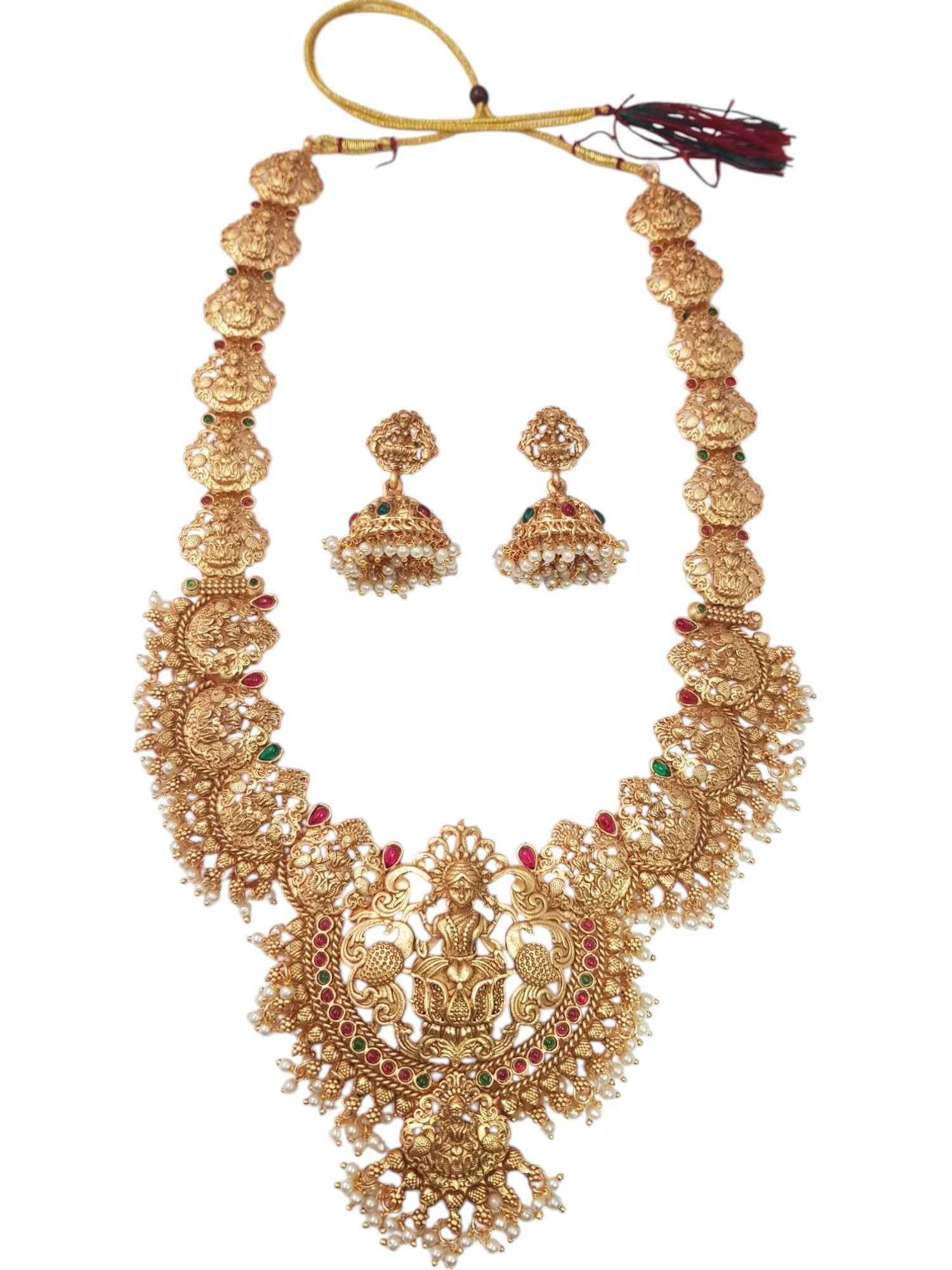 Gold Plated Rice Pearls Long Temple Hara Necklace Set