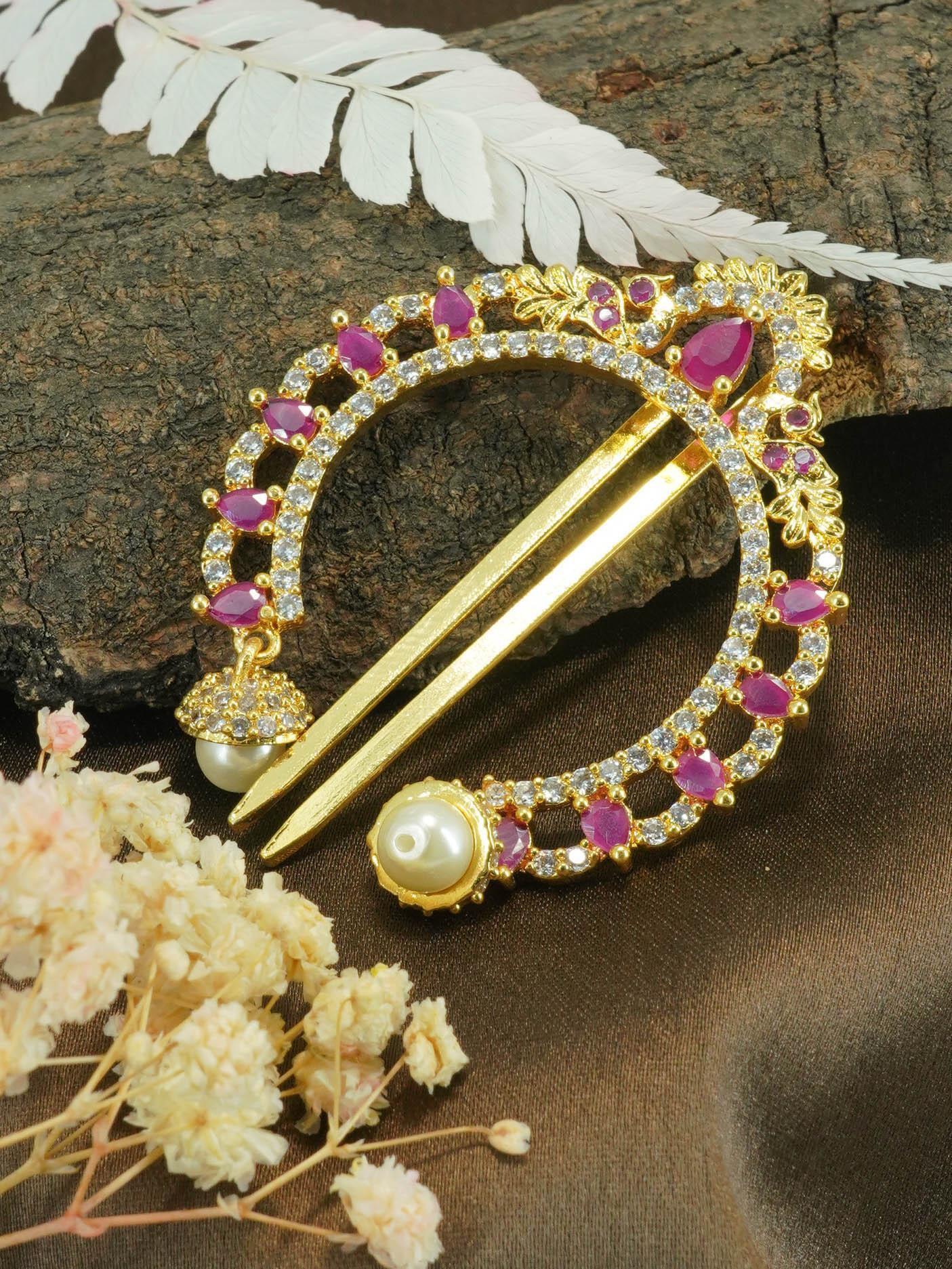 22k 1gm Gold Plated Emerald Stone Colour Studded Amboda / Hair Bow Pin 10680N - Griiham