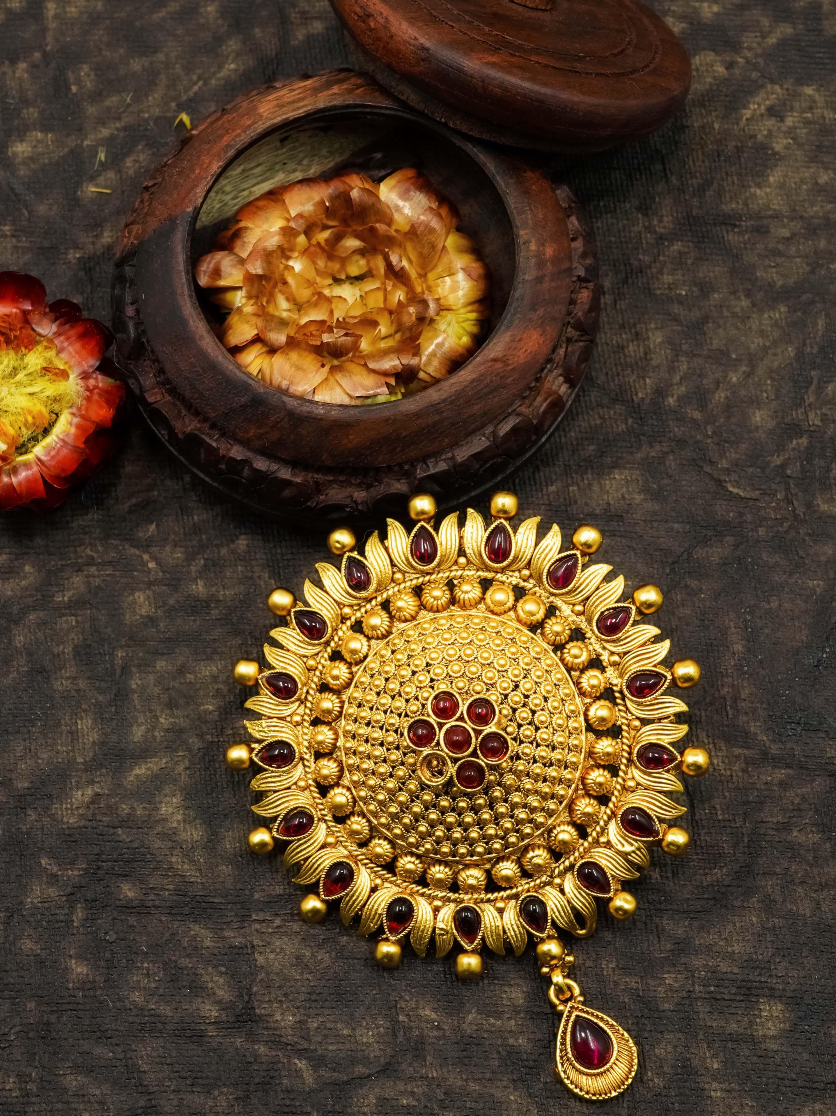 22k 1gm Gold Plated Ruby Colour Studded Amboda / Hair Pin/Rakhdi/Amboda/Pin 12265N - Griiham