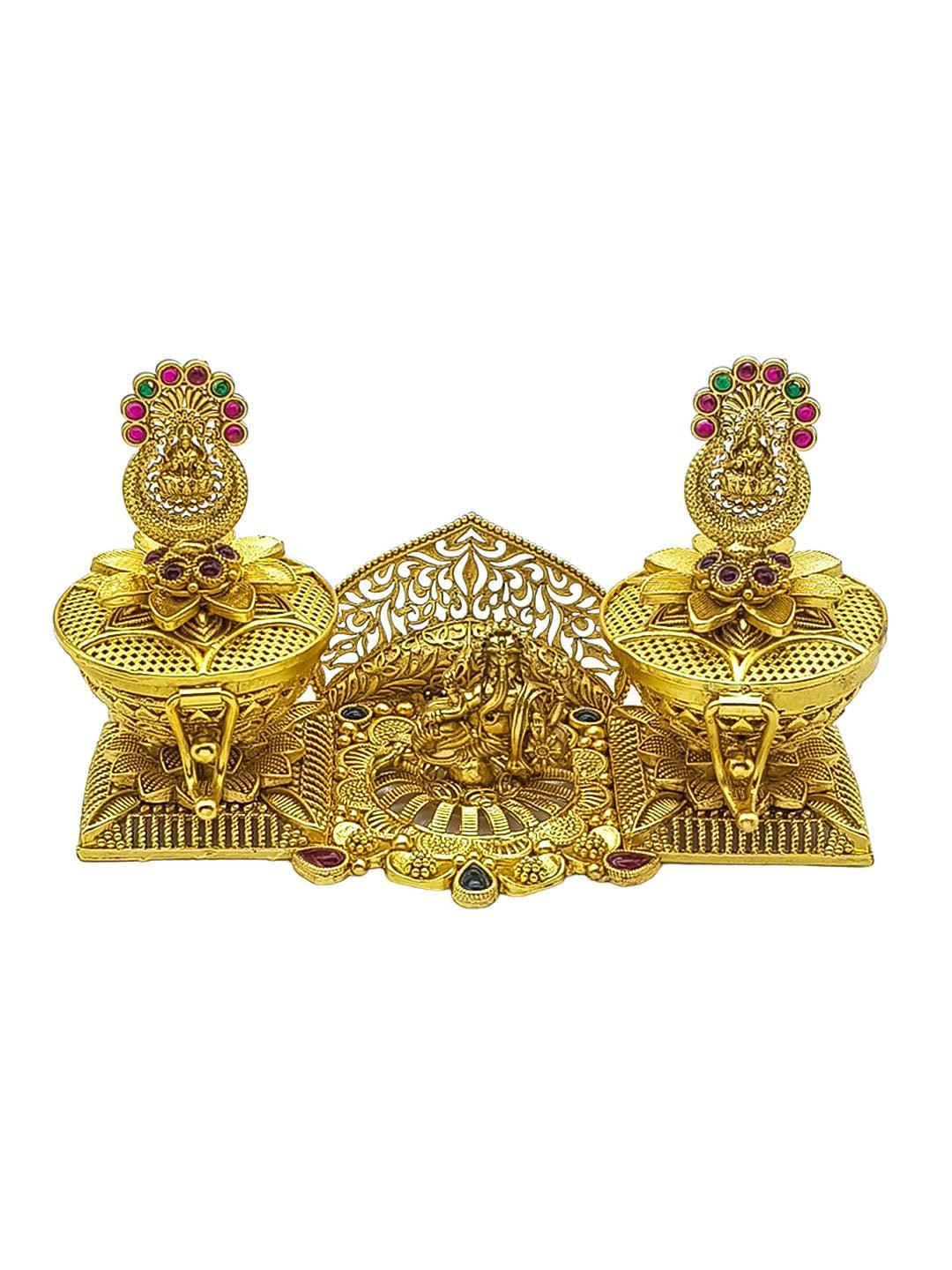 22k Gold Plated fully engraved Kumkum box with Laxmi Ganesh - Griiham