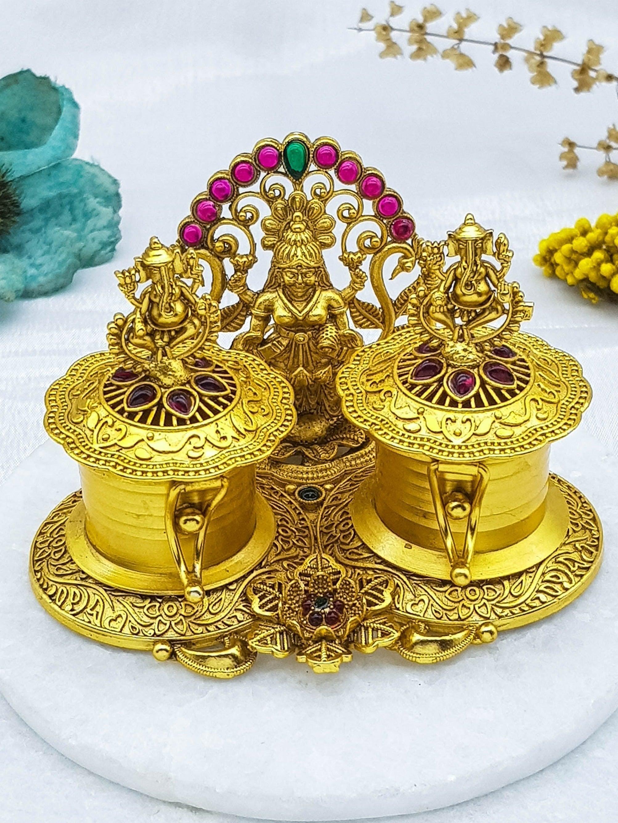 22k Gold Plated fully engraved Kumkum box with Laxmi Ganesh