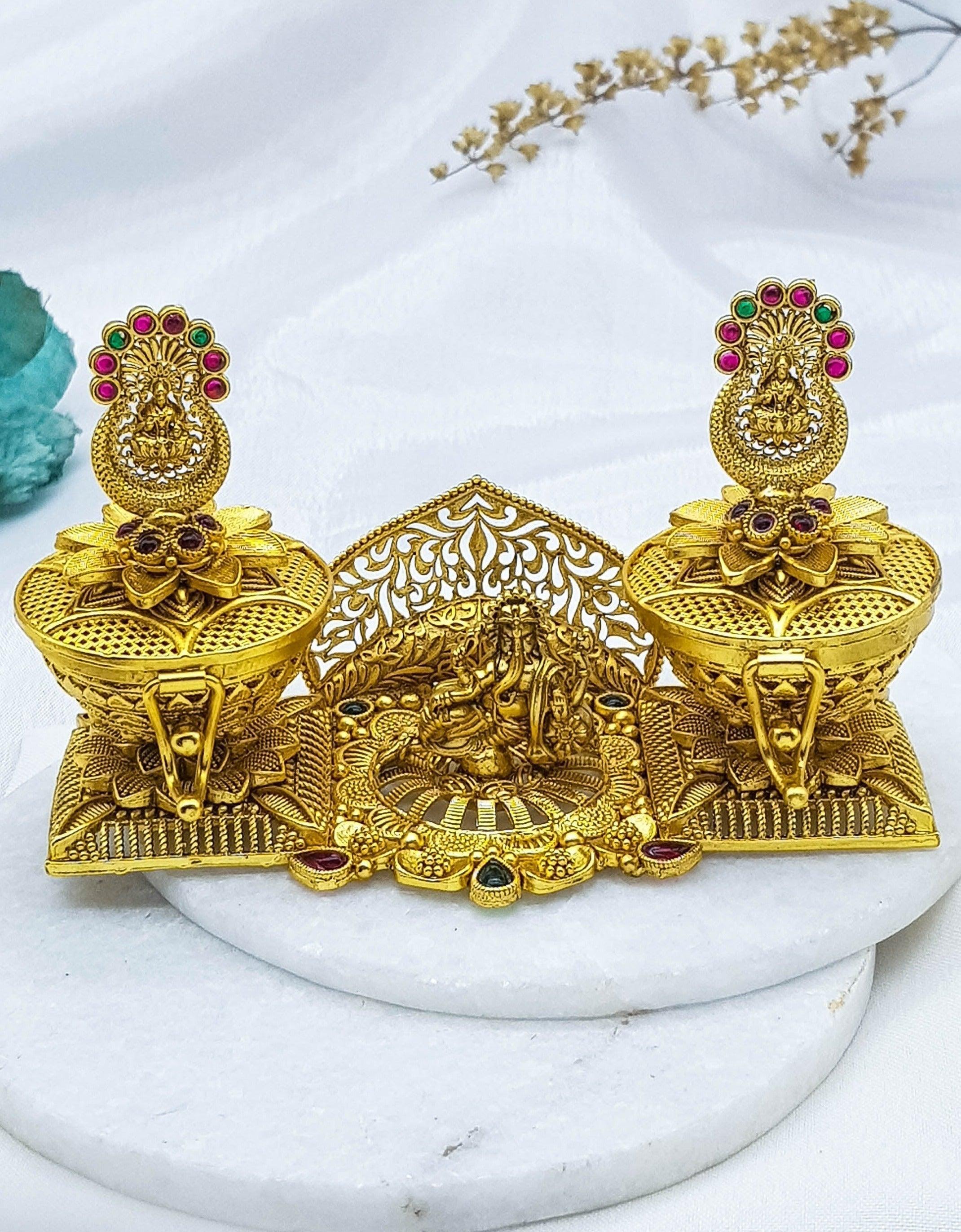 22k Gold Plated fully engraved Kumkum box with Laxmi Ganesh