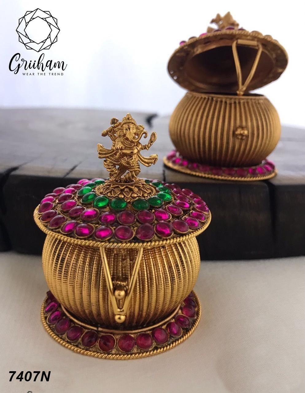 22k Gold Plated fully engraved Lakshmi Kumkum box 7407N