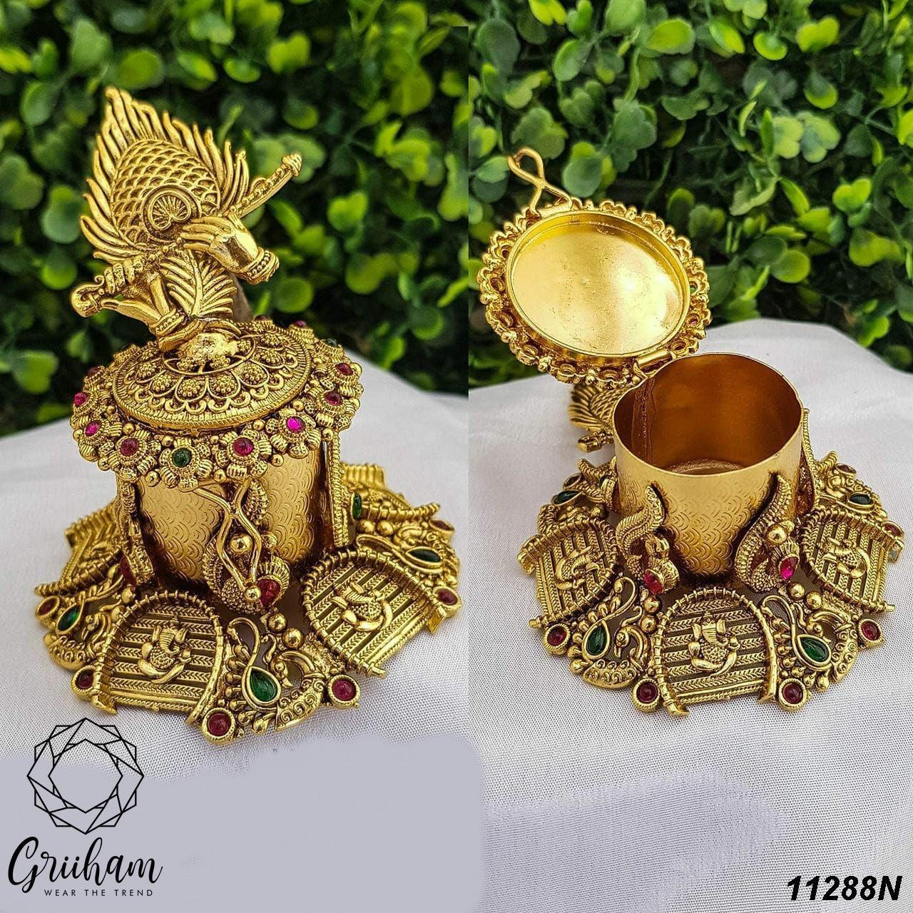 22k Gold Plated fully engraved Morpankh with krishna fluteKumkum box 11288N - Griiham