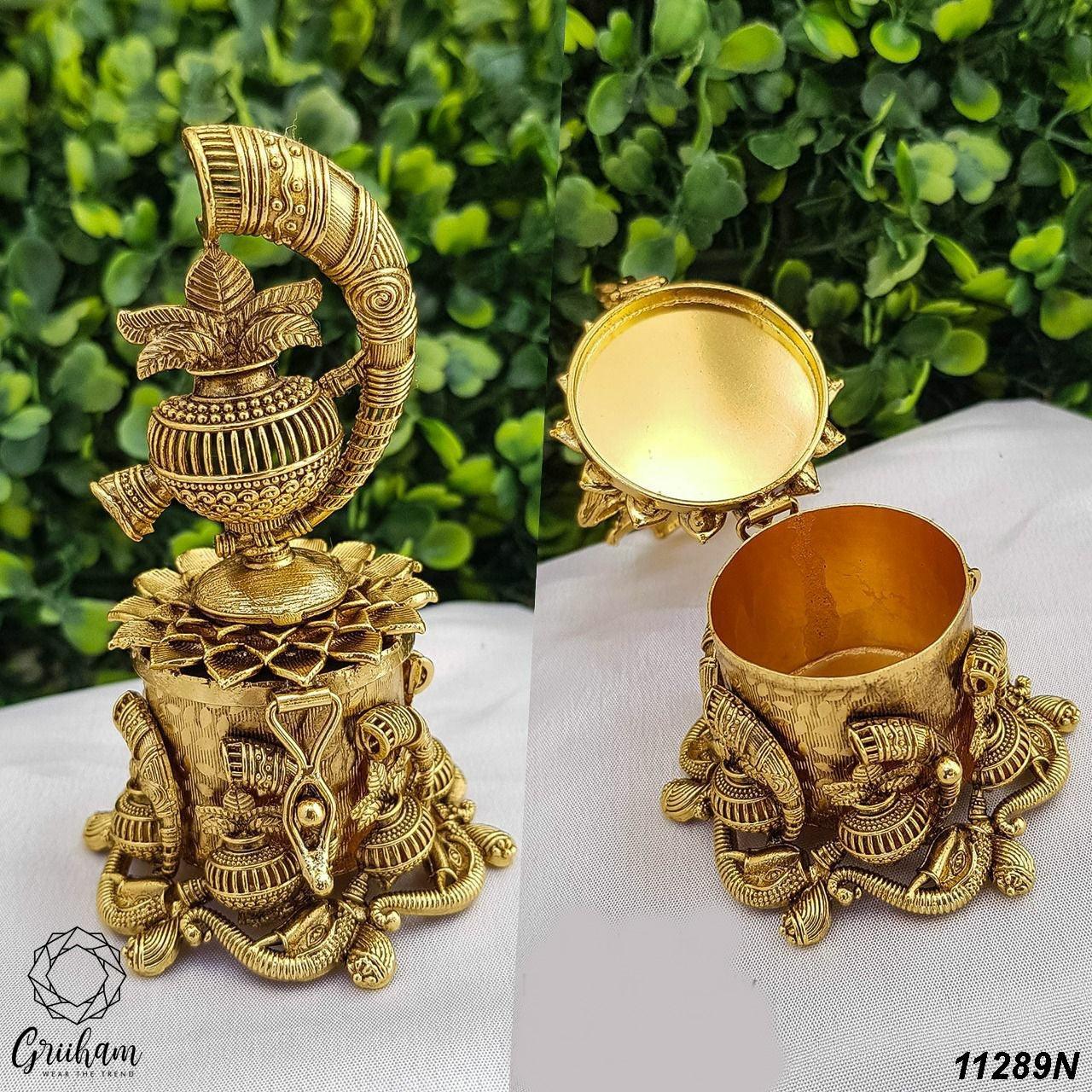 22k Gold Plated fully engraved Peacock Kumkum box 11289N - Griiham