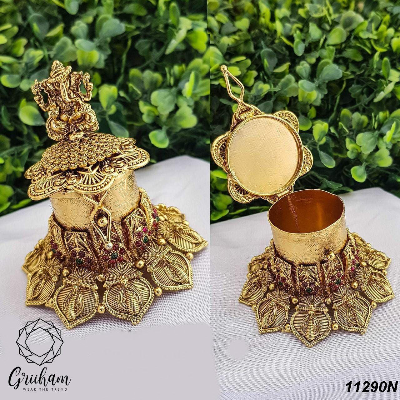 22k Gold Plated fully engraved Peacock Kumkum box 11290N - Griiham