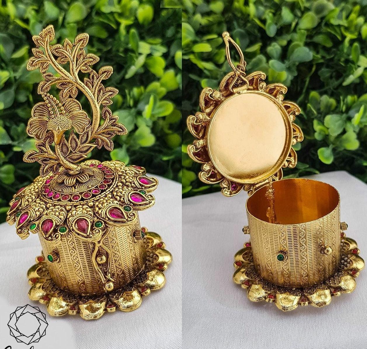 22k Gold Plated fully engraved Peacock Kumkum box 11371N - Griiham