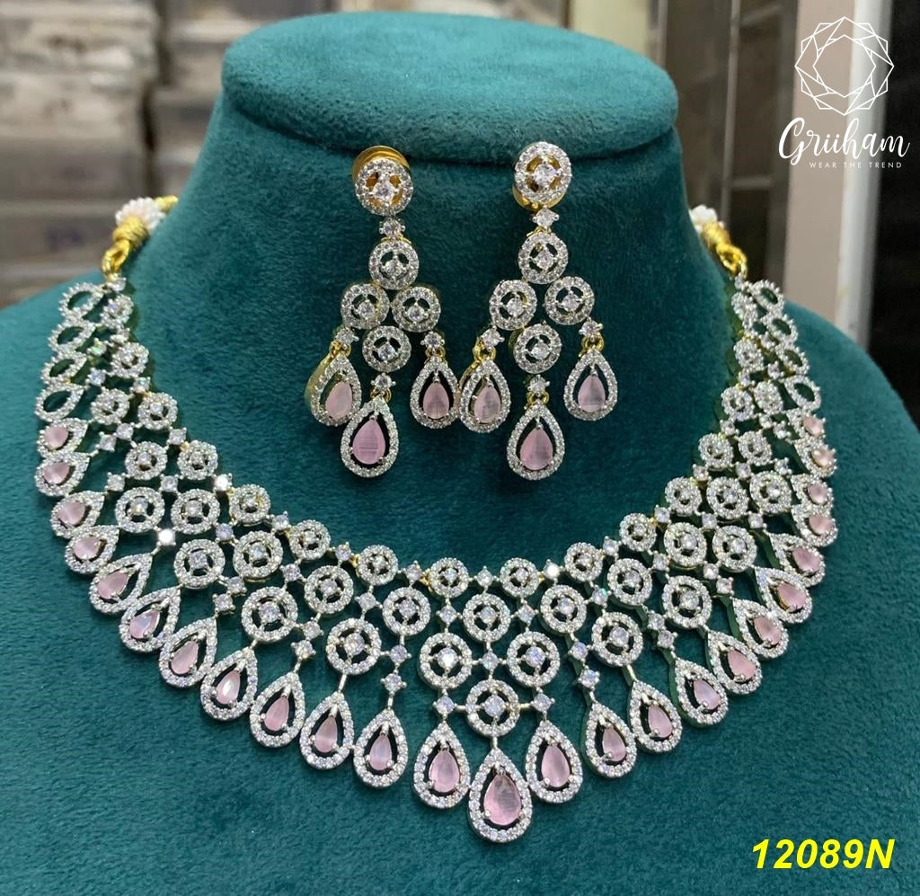 23.5kt Guaranteed white Gold finish Evergreen Trending designs Short AD necklace set  12092N-1