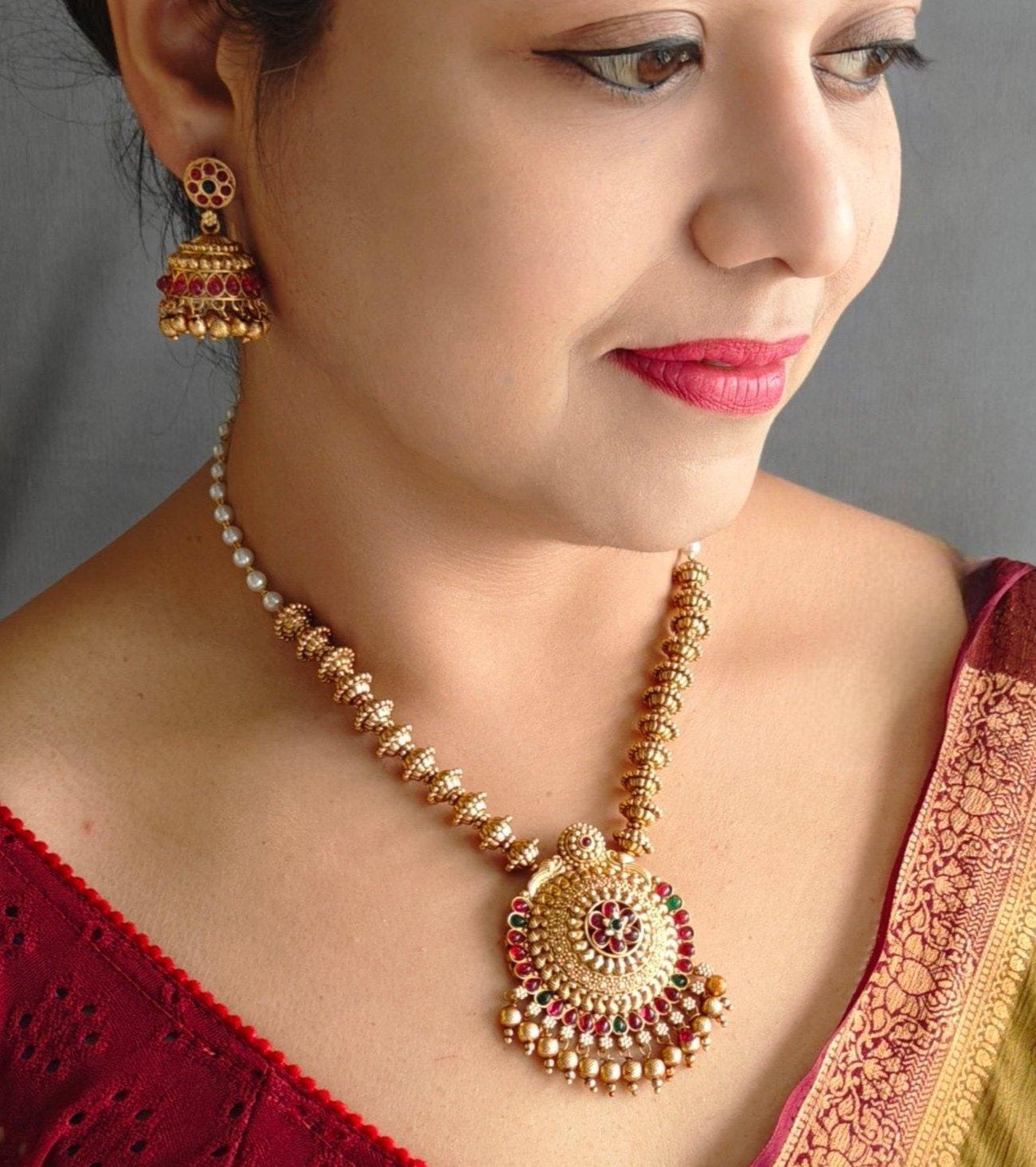 Gold Plated Long Temple design Necklace Set