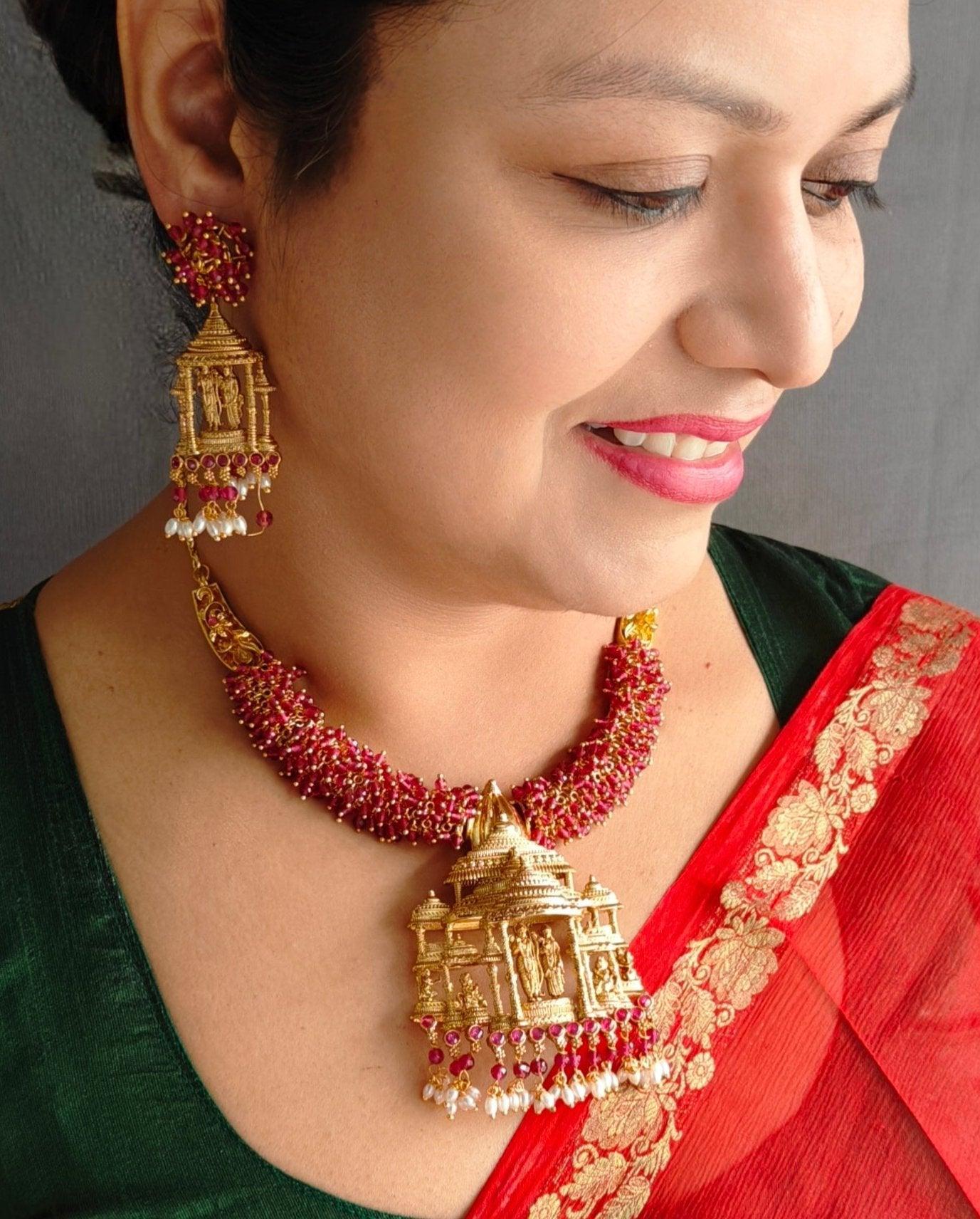 Gold Plated Premium Exclusive Ayodhya Temple Inspired  Necklace set