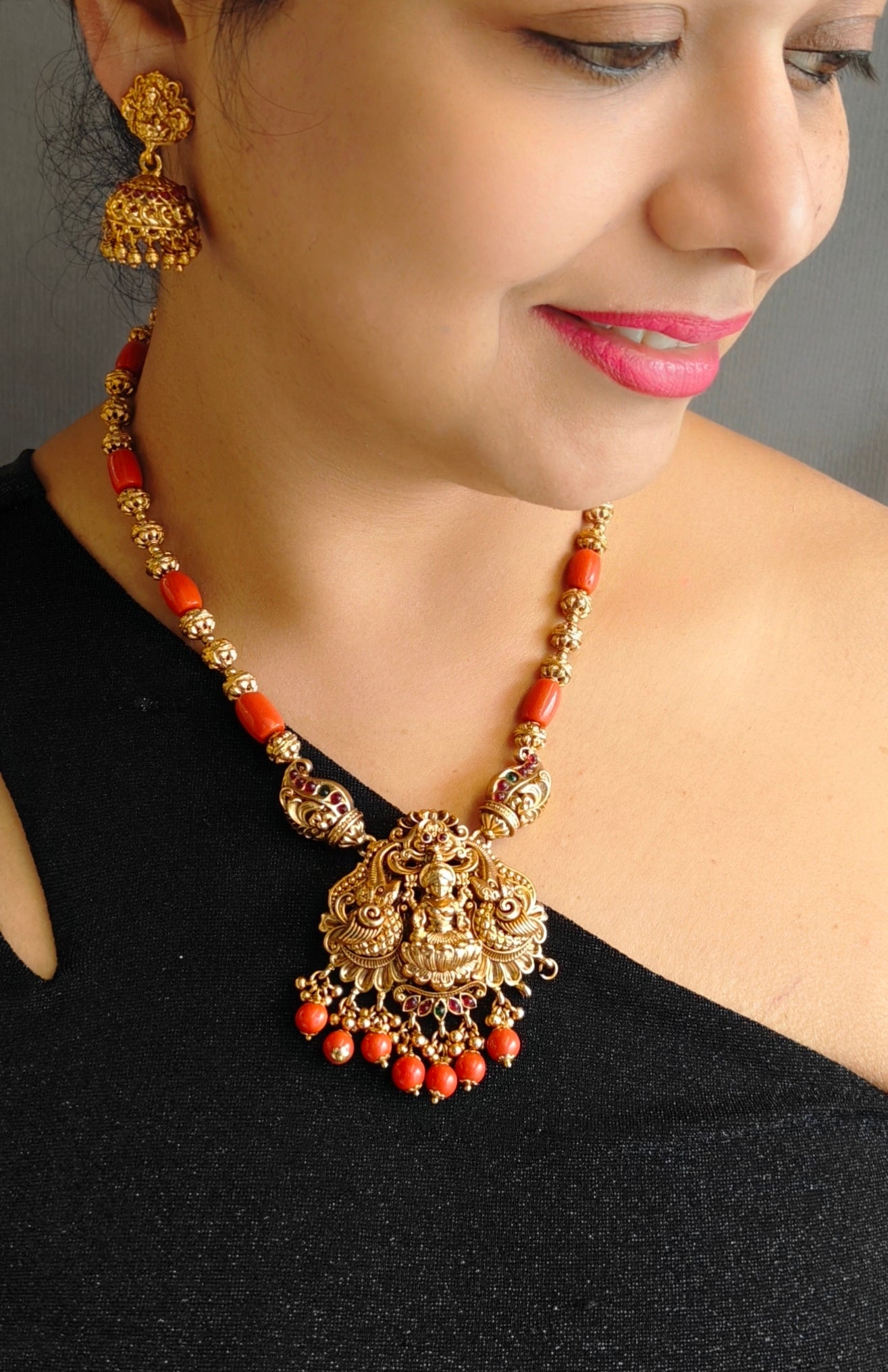 Gold Plated Long Necklace Set in coral