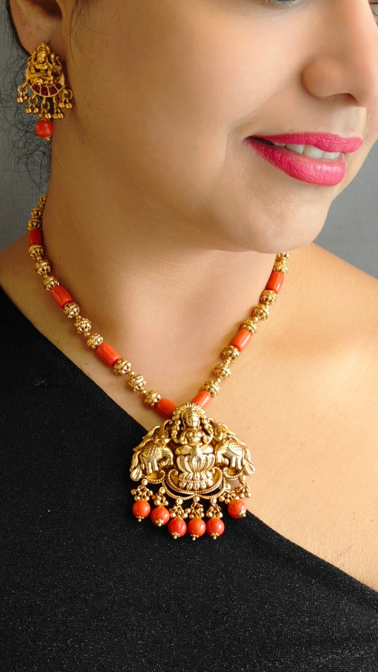 Gold Plated In Coral Beads Long Necklace Set