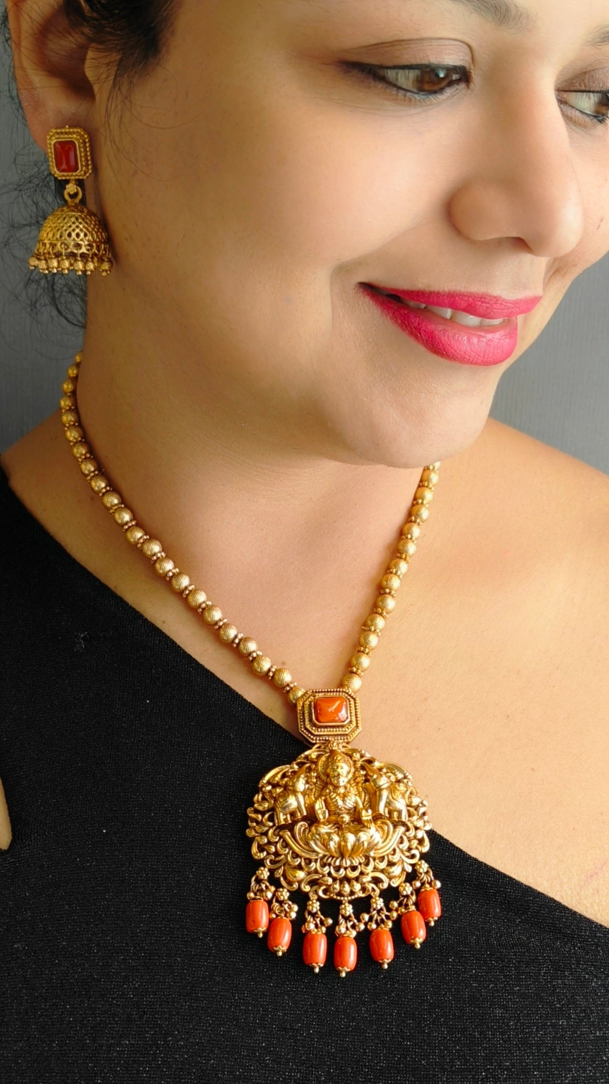 Gold Plated In Coral Beads Long Necklace Set