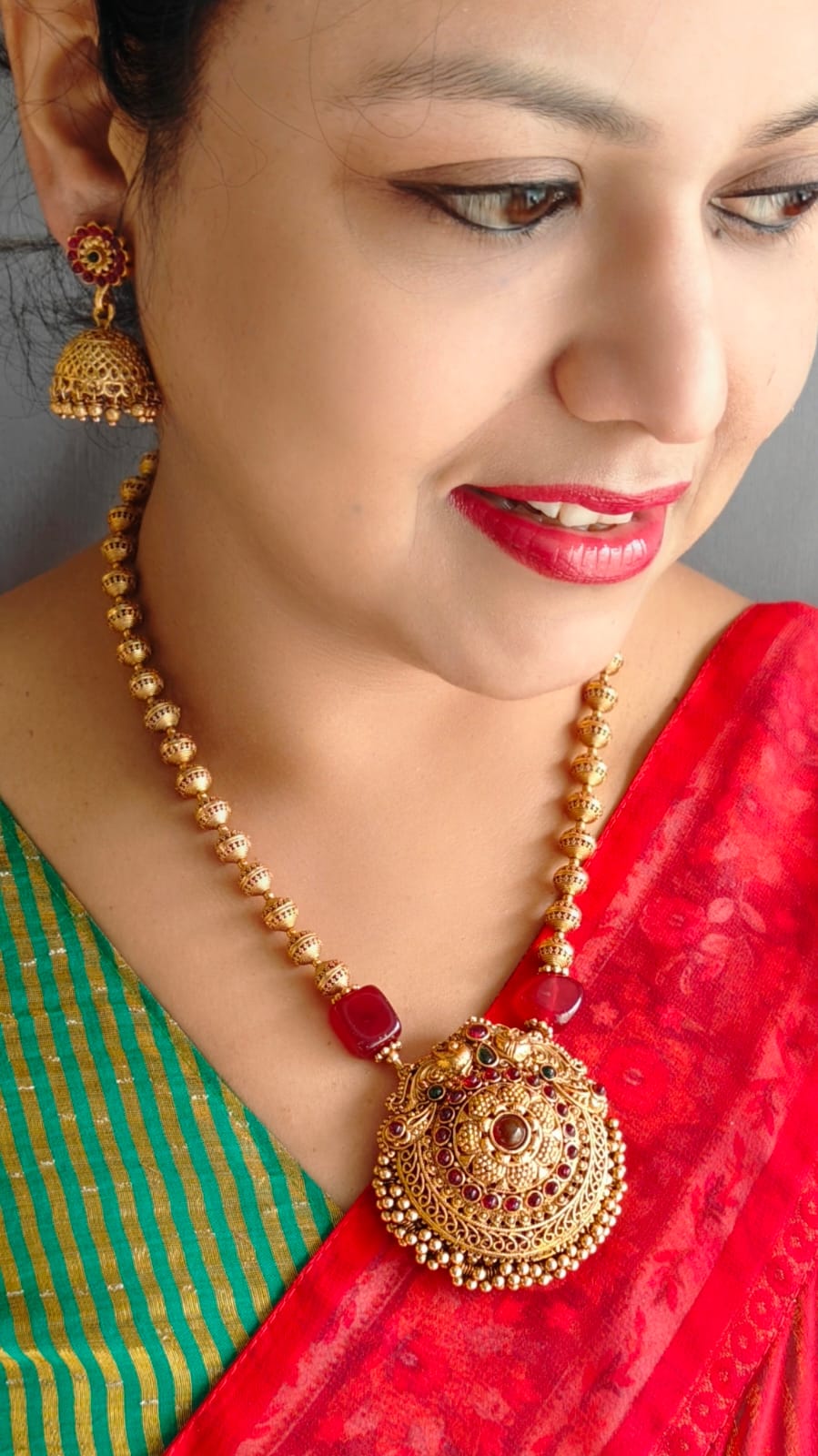 Gold Plated In Coral Beads Long Necklace Set