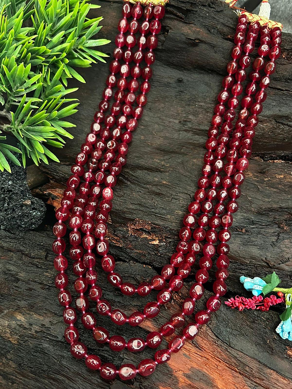 Four Line Magenta Natural African Jade Tumbled Ranihara Mala Necklace