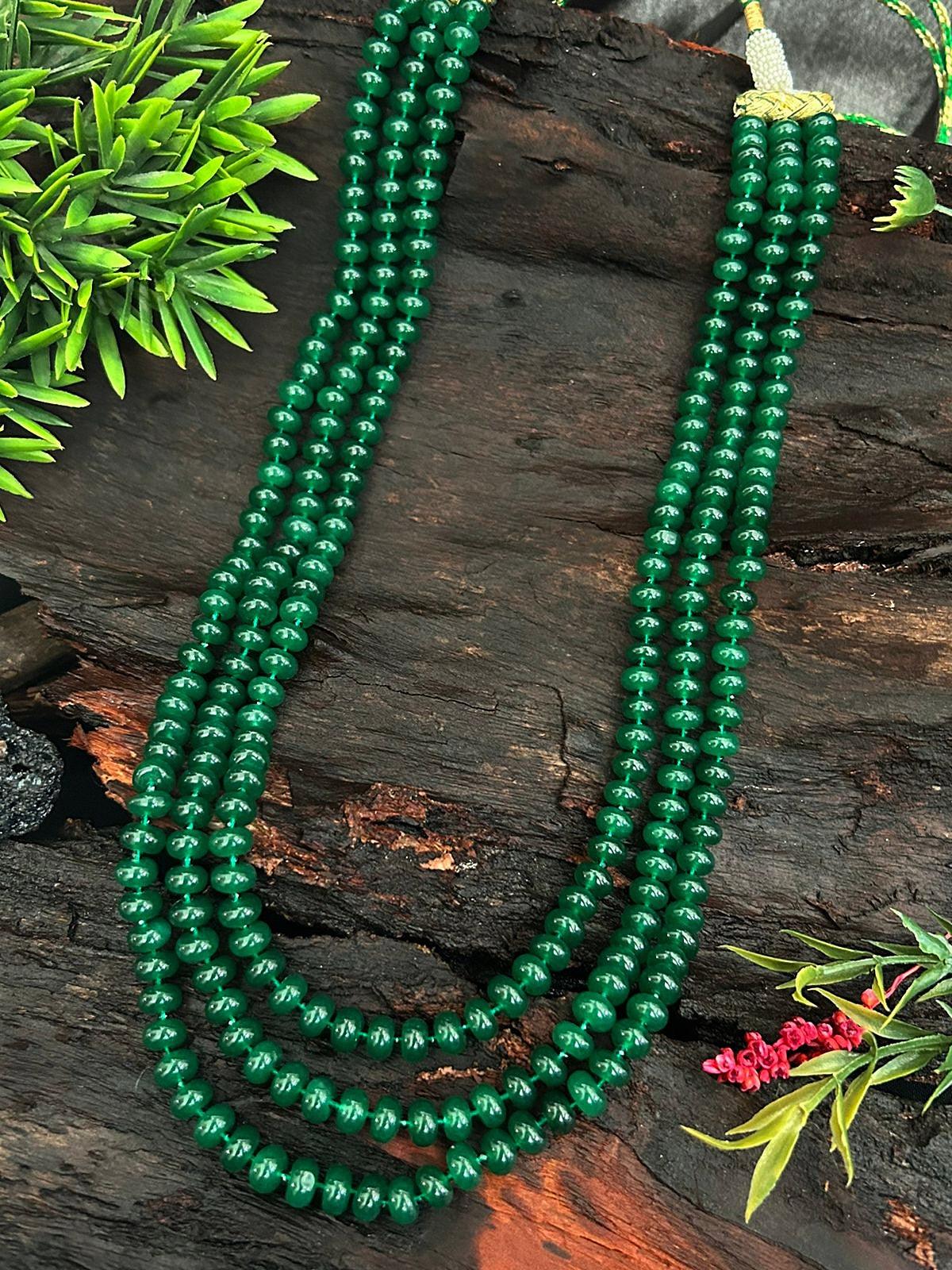 Three Line Natural Round Falsa Colour Stone Maala Ranihaara Necklace