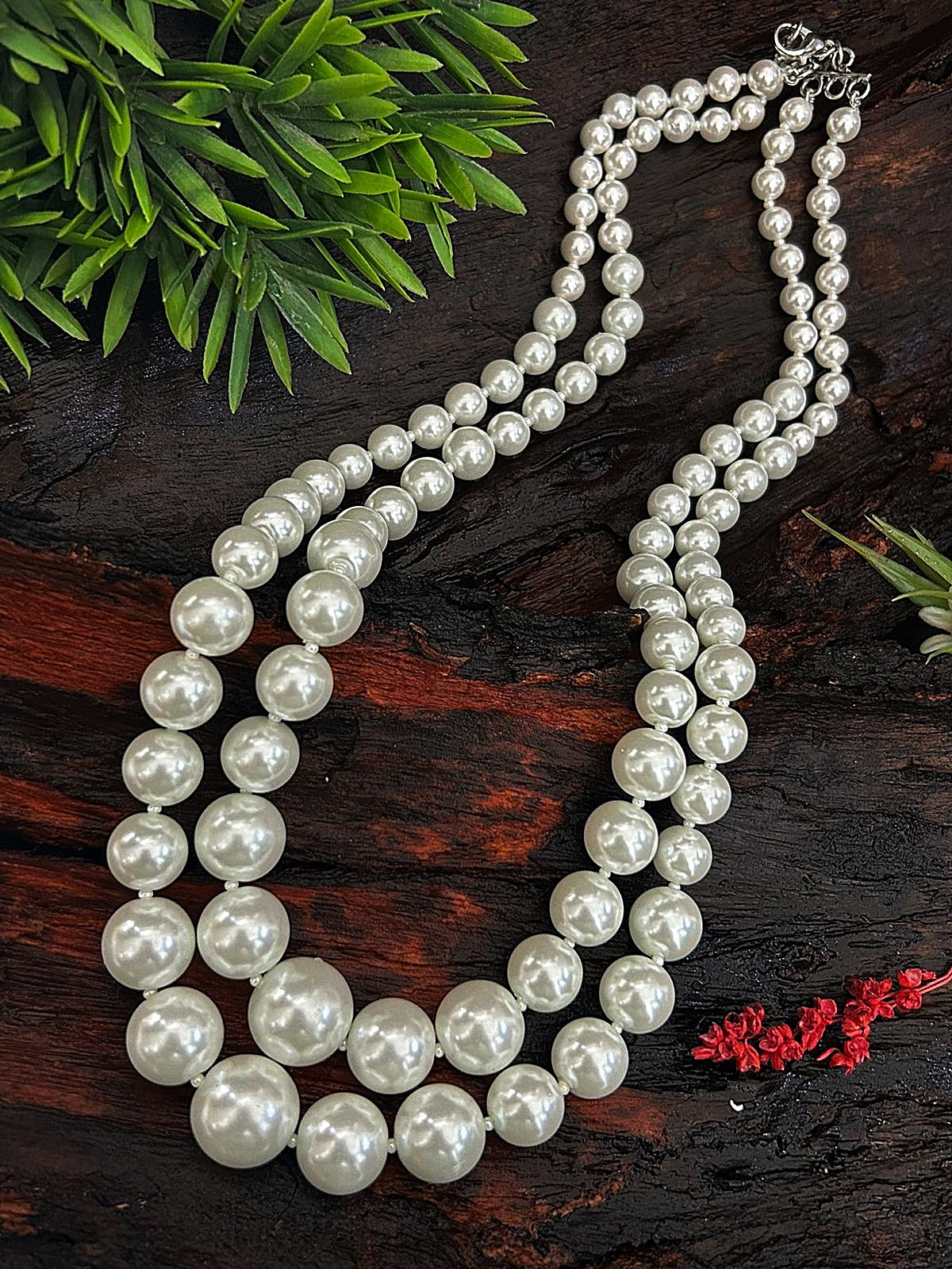 Two Lines Natural Shell Pearl Mala with Graduation Necklace Set