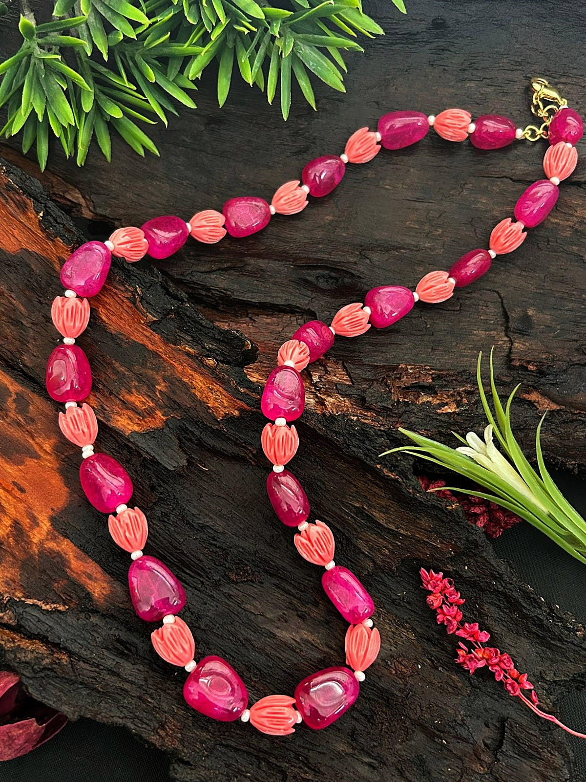 Natural Pink stone with Tulip Stone Mala Necklace