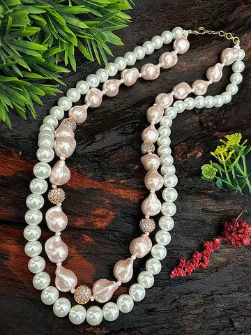 2 Line Mala Necklace with Natural Pearls and organic Boraque pearls Necklace Set