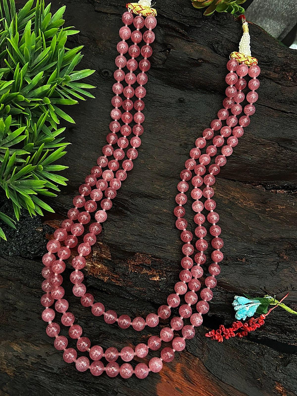 Three Line Natural Flourite Mala Raanihar Necklace with Rose quartz Tumbled stone