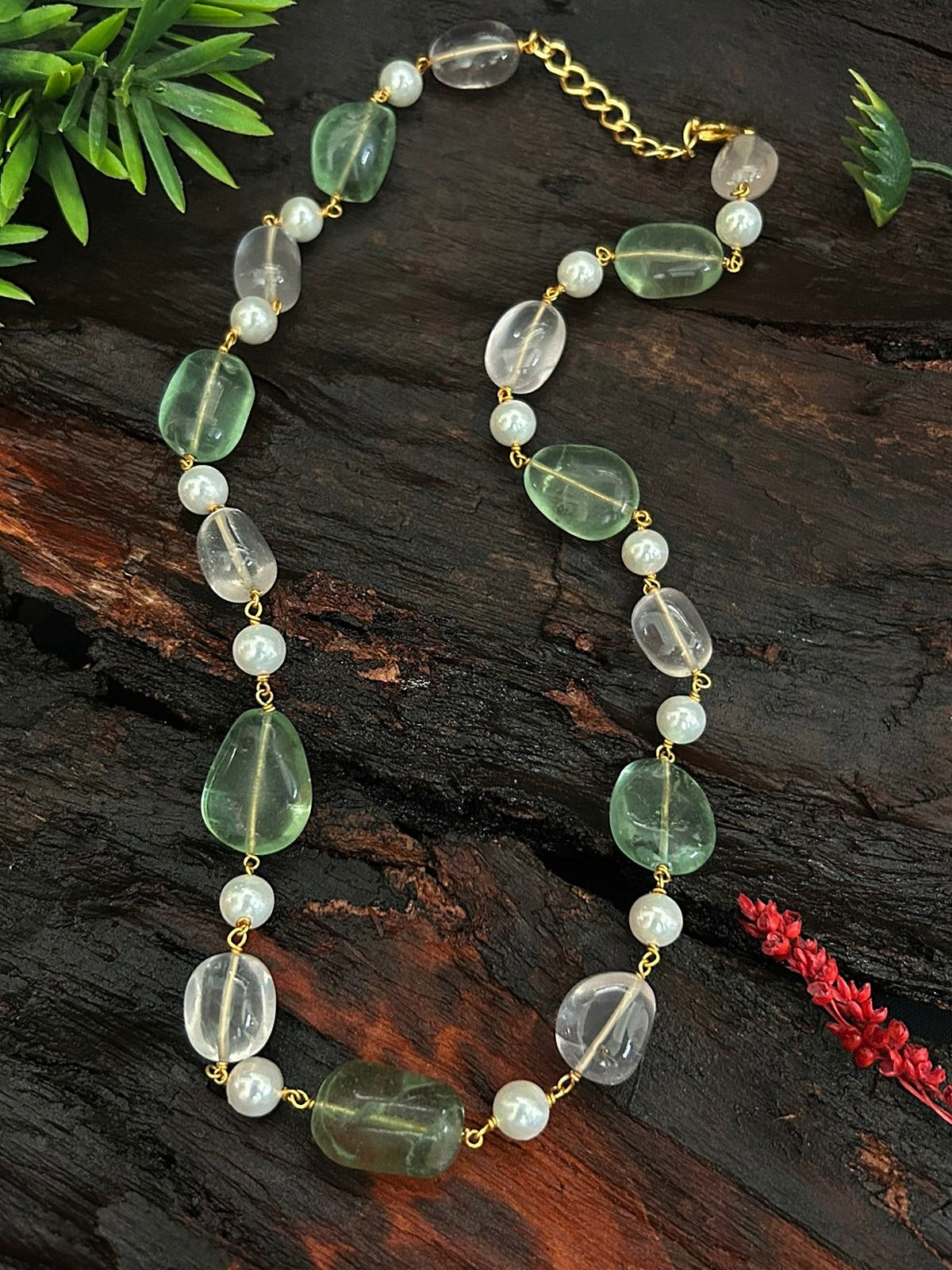 Natural Green Stone with pearls Necklace Mala Necklace Set