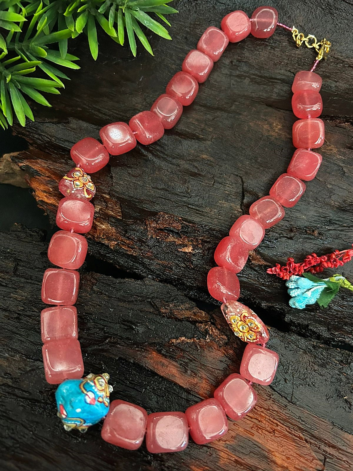 Square Natural Pink African Jade Stone with Tanjore Beads Mala Necklace Necklace Set