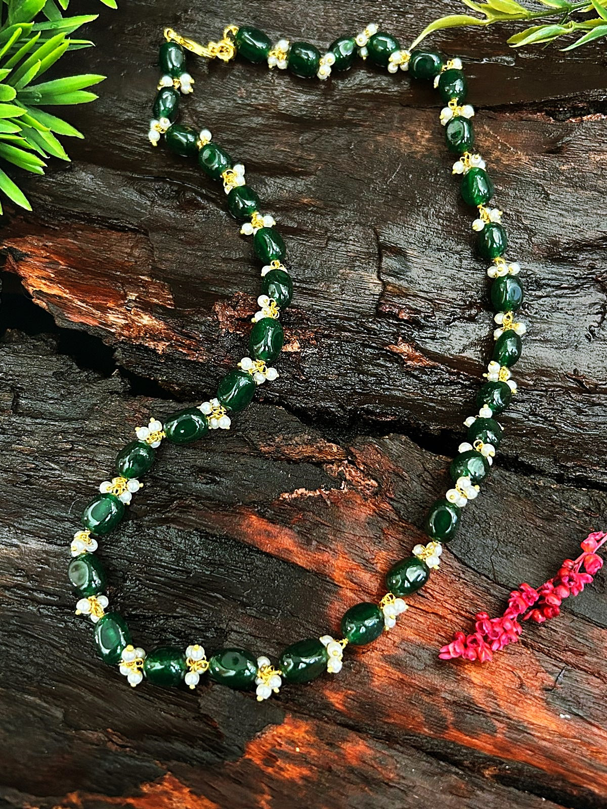 Natural African jade Tumbled Stone with Pearls beads Mala Necklace Set