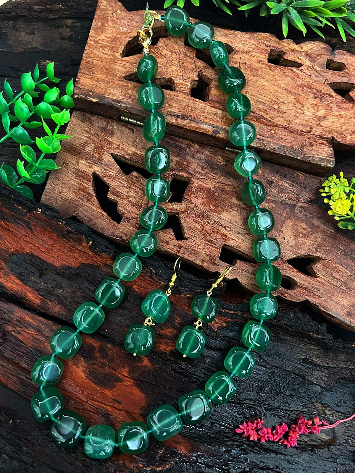 Square Natural African Jade Stone Mala Necklace with earrings