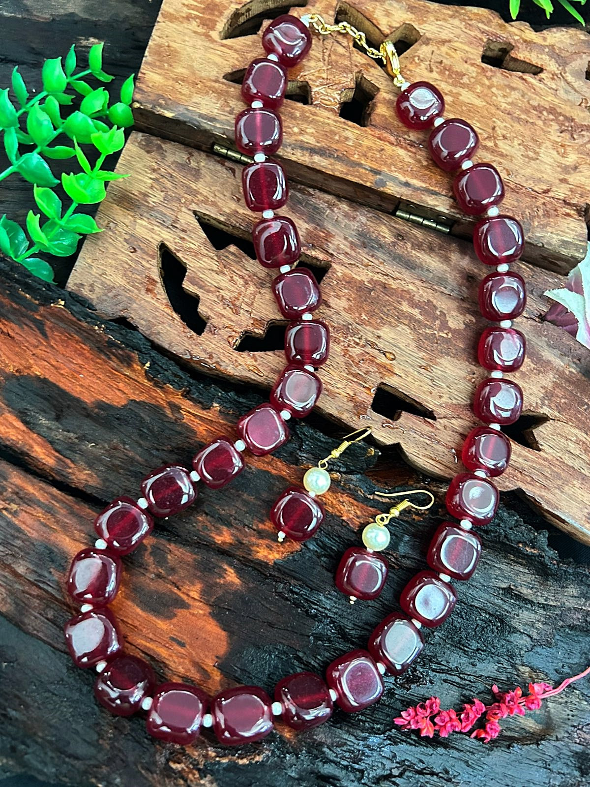 Square Natural African Jade Stone Mala Necklace with earrings