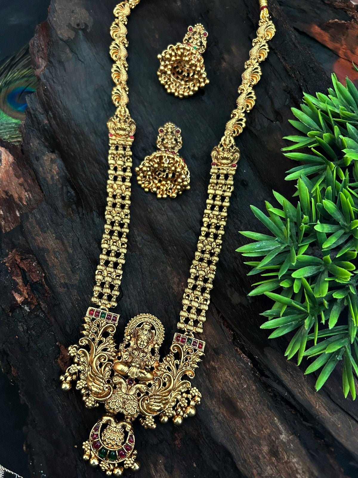 Gold Plated Long Necklace Set with Laxmi