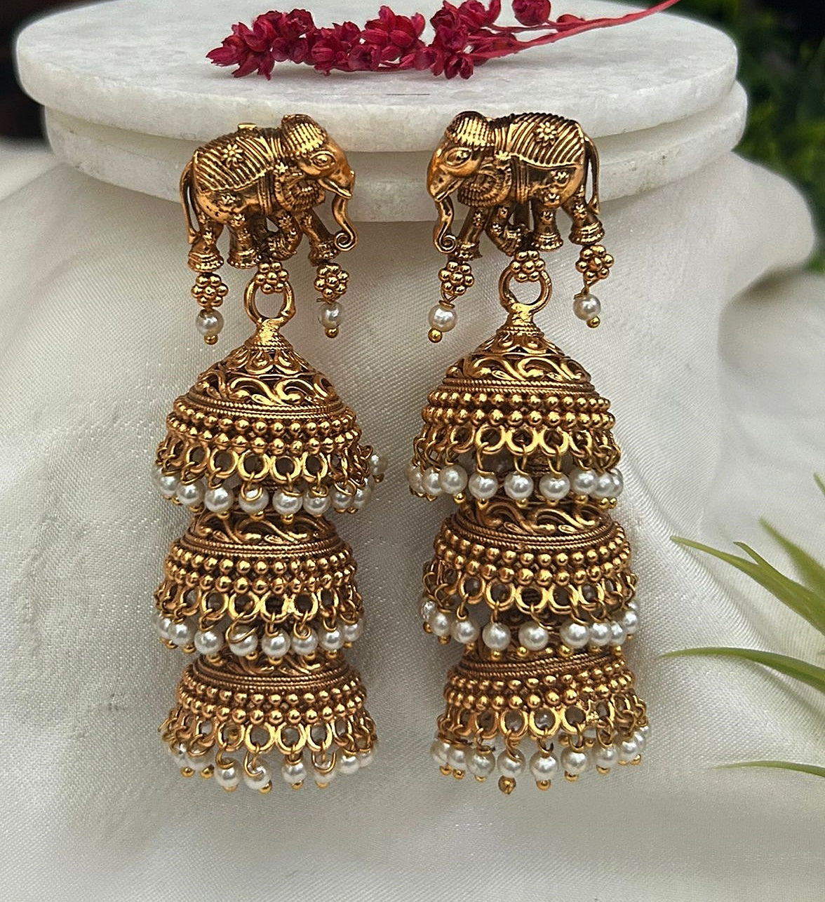 Gold plated Temple design Layered Jhumka Earrings