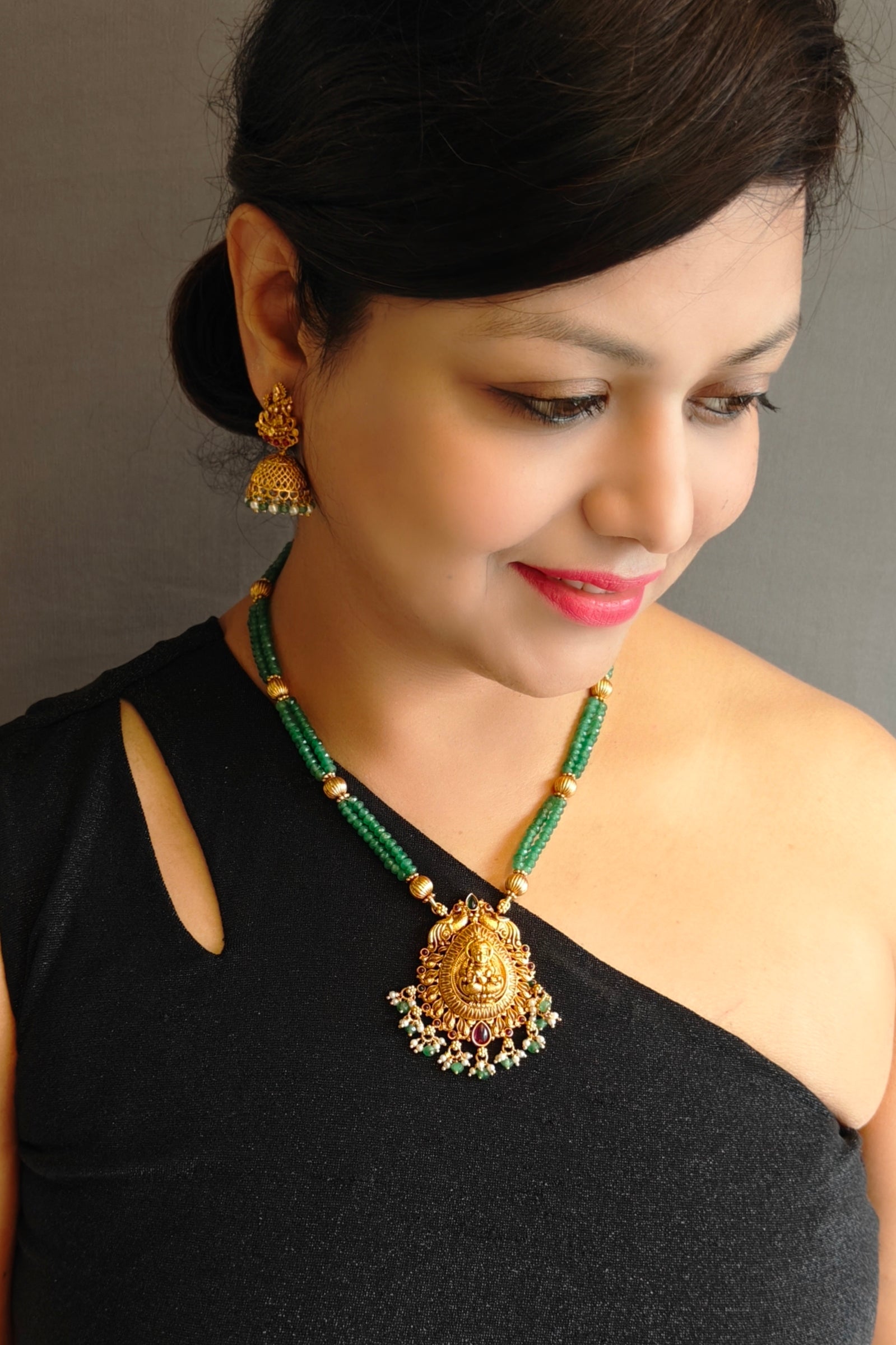 Premium Gold Plated Long Necklace Set in green crystal natural stones