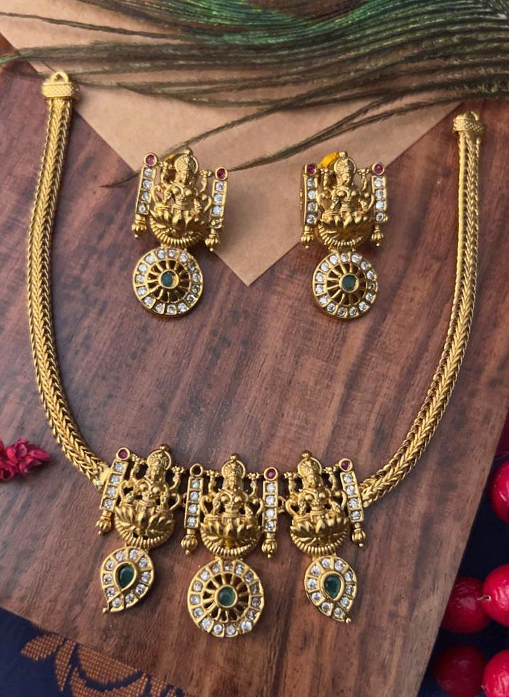 Premium Gold plated Trending Laxmi designs Short AD/zercon Necklace set