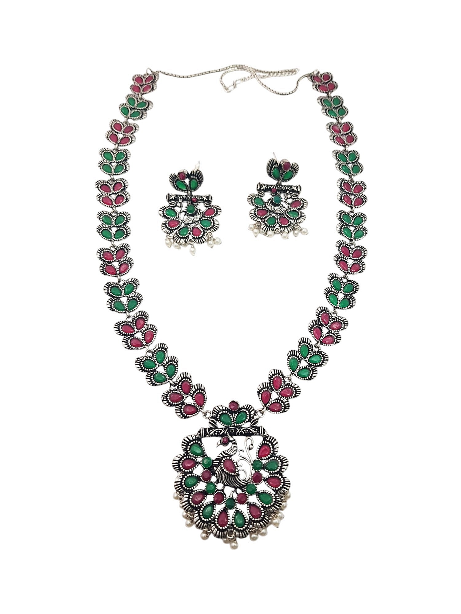 German Silver Plated oxidised Long multicolor stone Necklace set