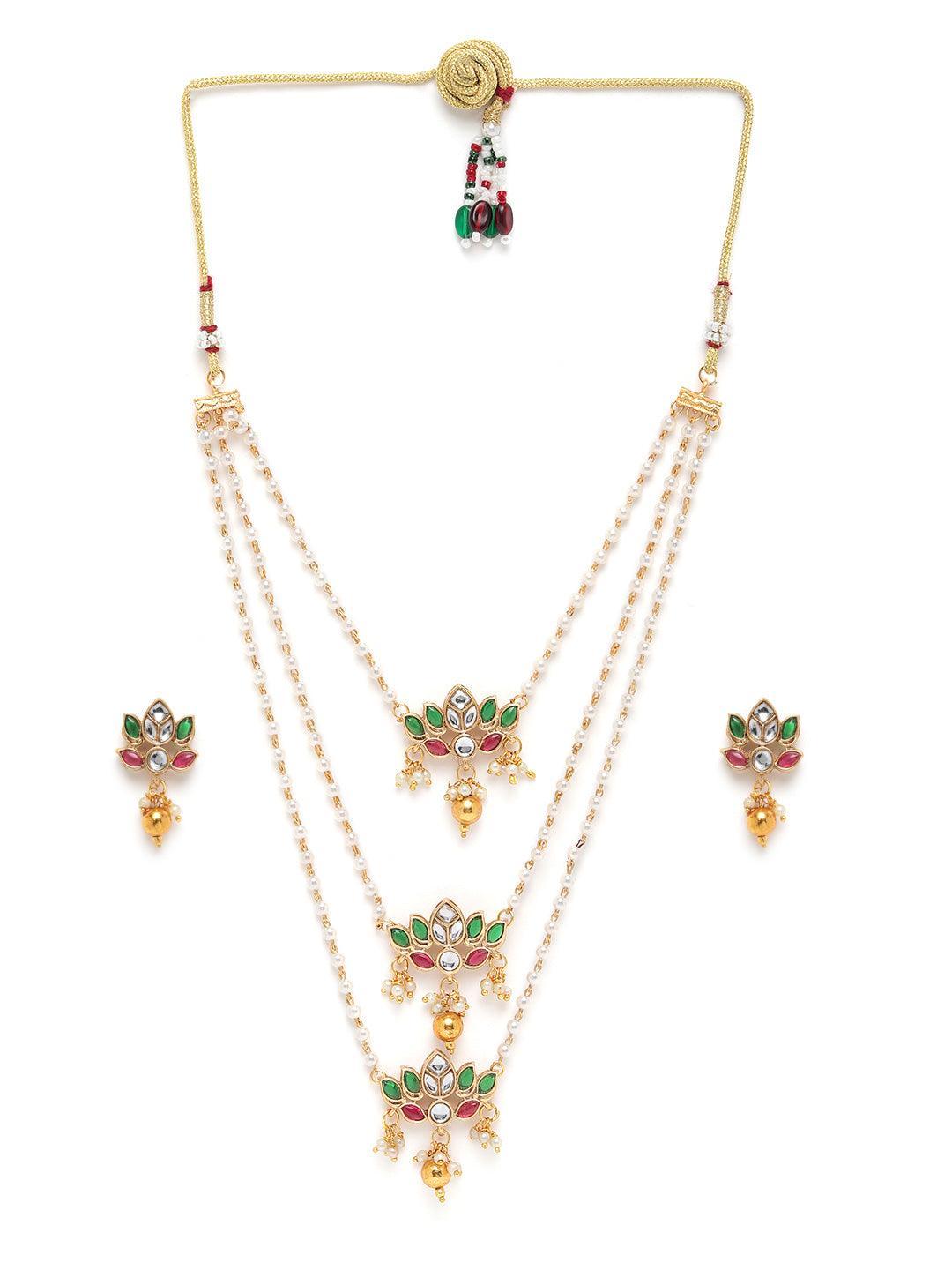 3Layer Gold Finish Designer Multicolor stones lotus Necklace Set - Griiham