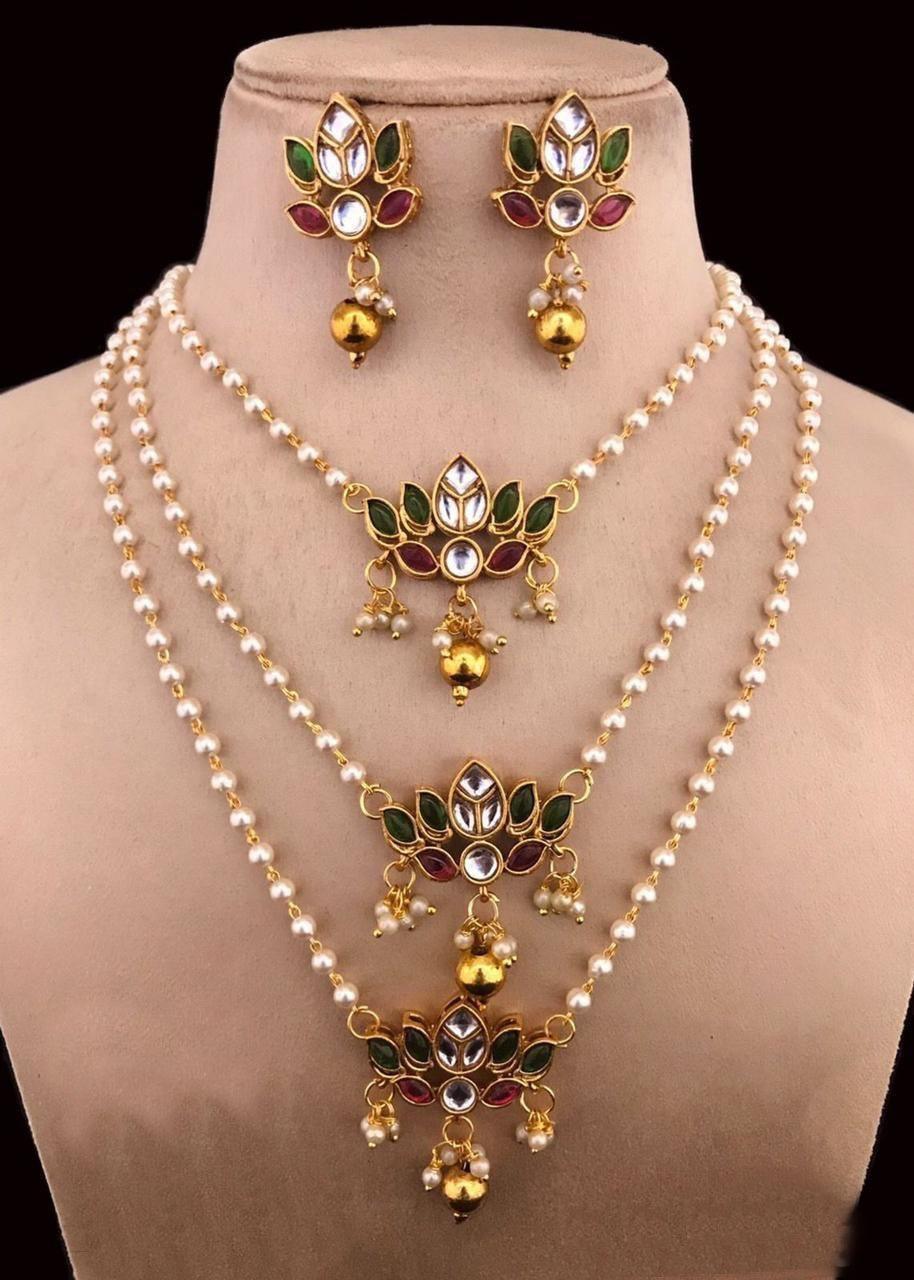 3Layer Gold Finish Designer Multicolor stones lotus Necklace Set - Griiham