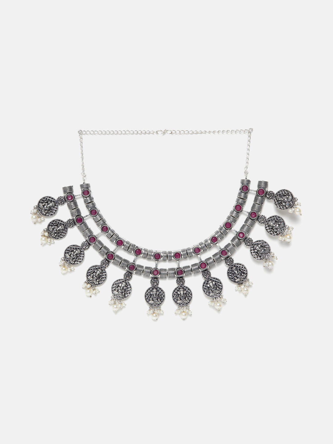 Silver Oxidised Contemporary Design short Necklace set with Ruby red stones