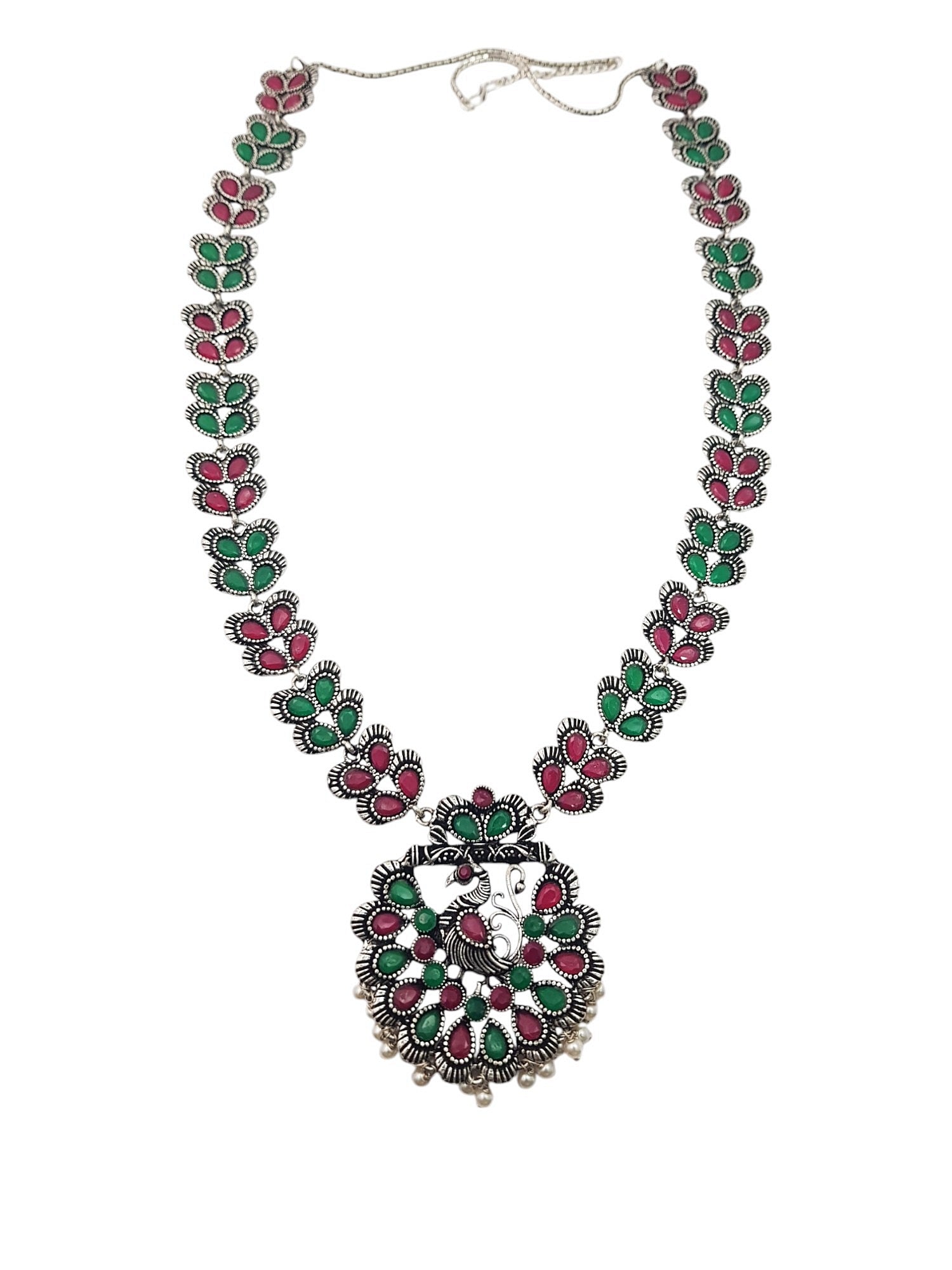 German Silver Plated oxidised Long multicolor stone Necklace set