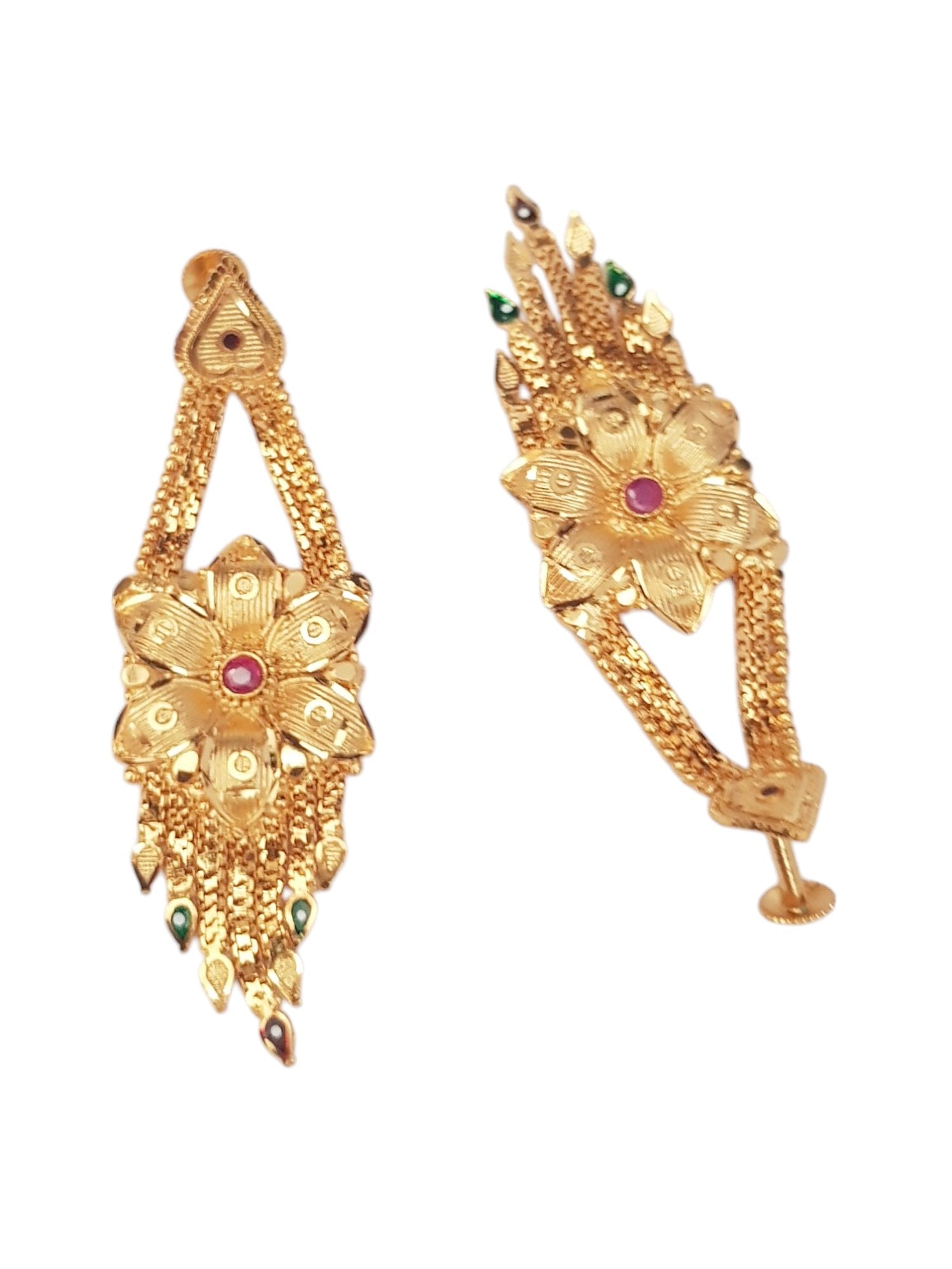 Gold Plated Floral Hangings Earrings with ruby green stone