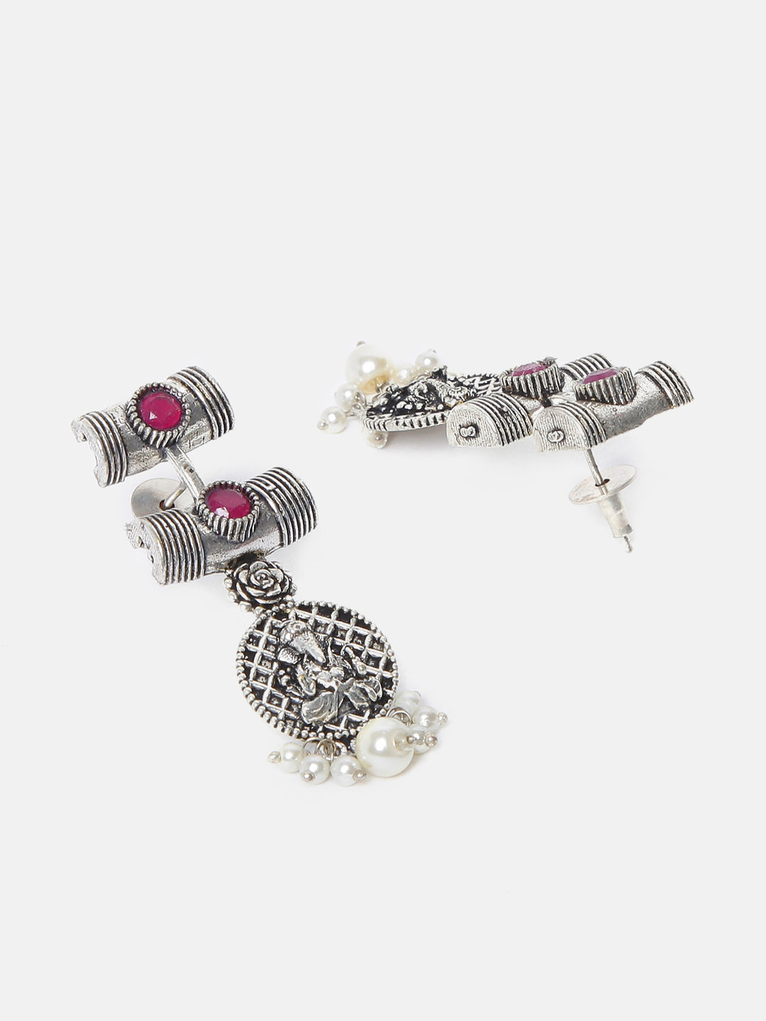 Silver Oxidised Contemporary Design short Necklace set with Ruby red stones